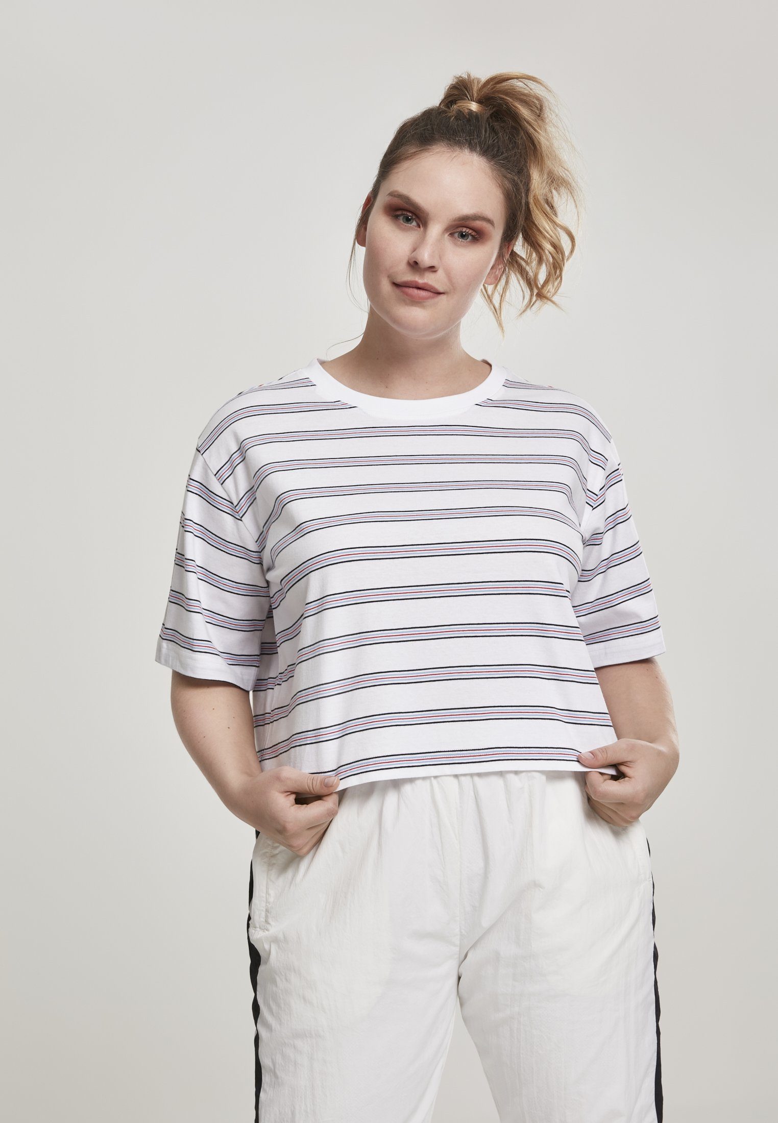 URBAN CLASSICS Kurzarmshirt Damen Ladies Short Multicolor Stripe Tee (1-tlg) white/black/skyblue/firered