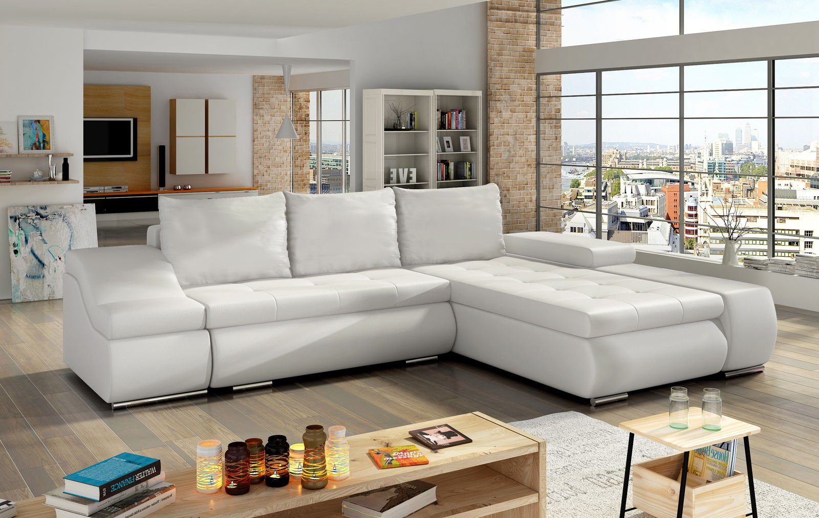 JVmoebel Ecksofa Design Ecksofa Schlafsofa Bettfunktion Couch Leder Textil Polster, Mit Bettfunktion Weiß