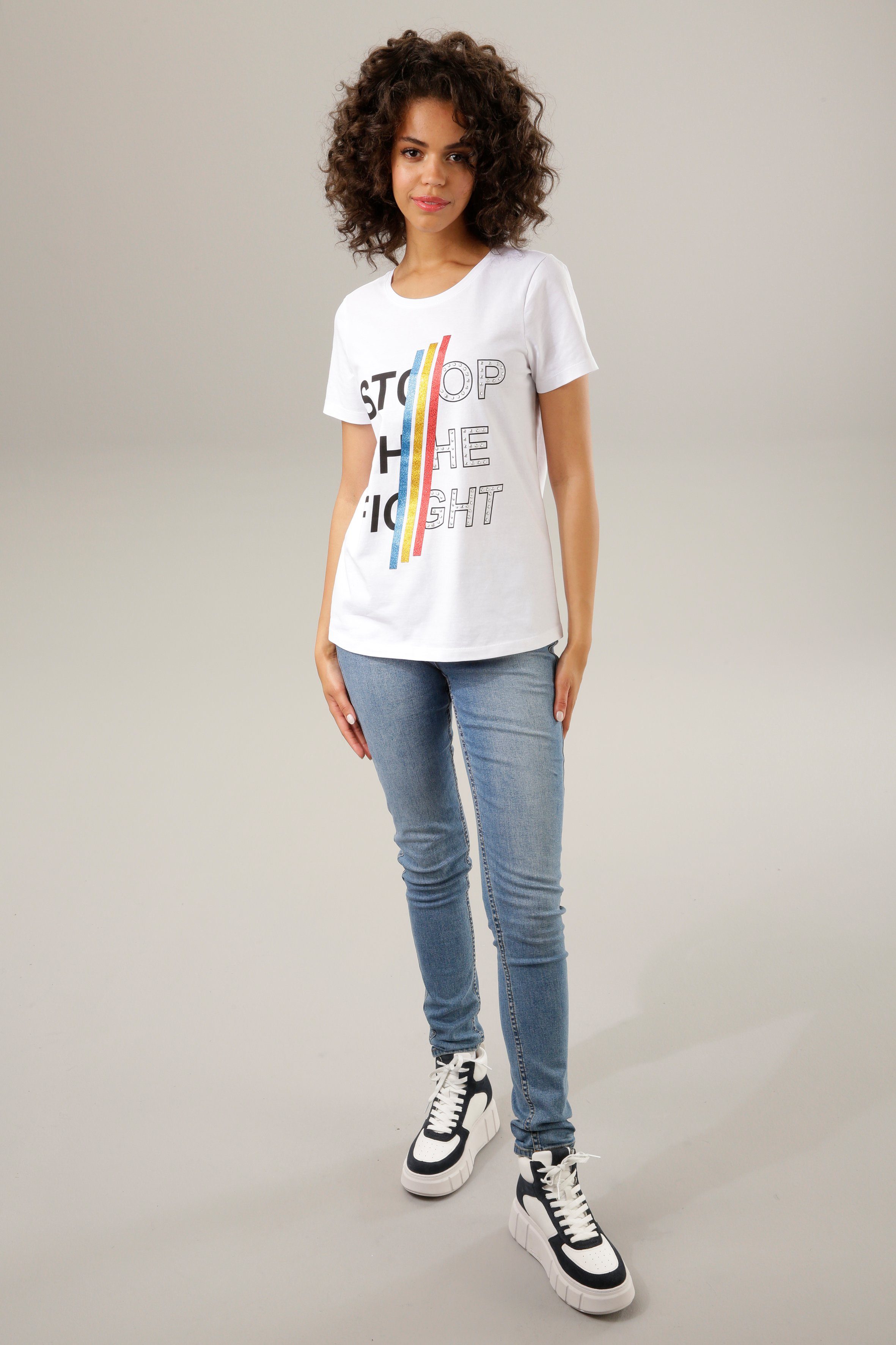 Aniston CASUAL Print-Shirt mit bunten und Nieten Glitzerstreifen, Schriftzug