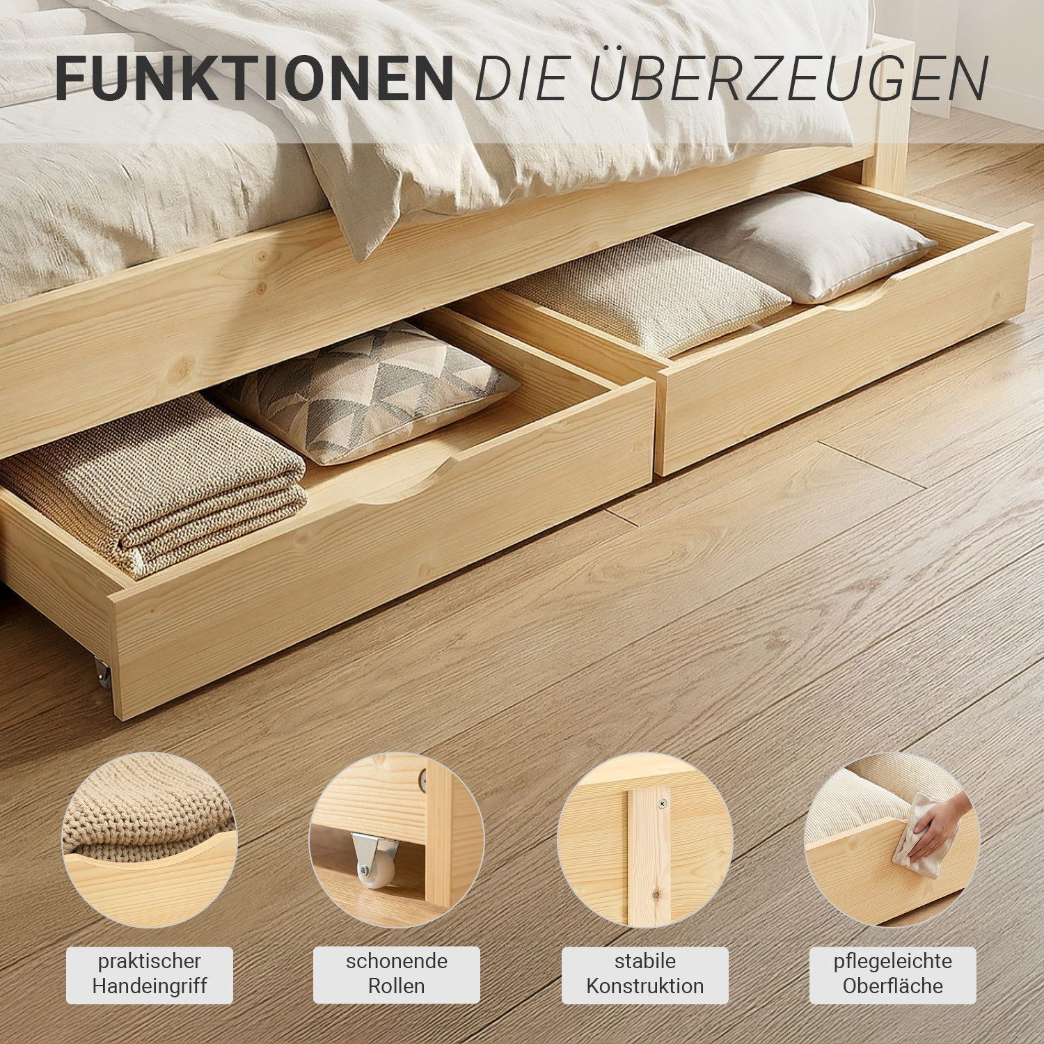 Homestyle4u Bettschubkasten Unterbettkommode 2er Set mit Rollen Bettschublade Bettauszug Natur, Aufbewahrung, für 90x200, 120x200, 140x200, rollbar – Bild 3 von 5