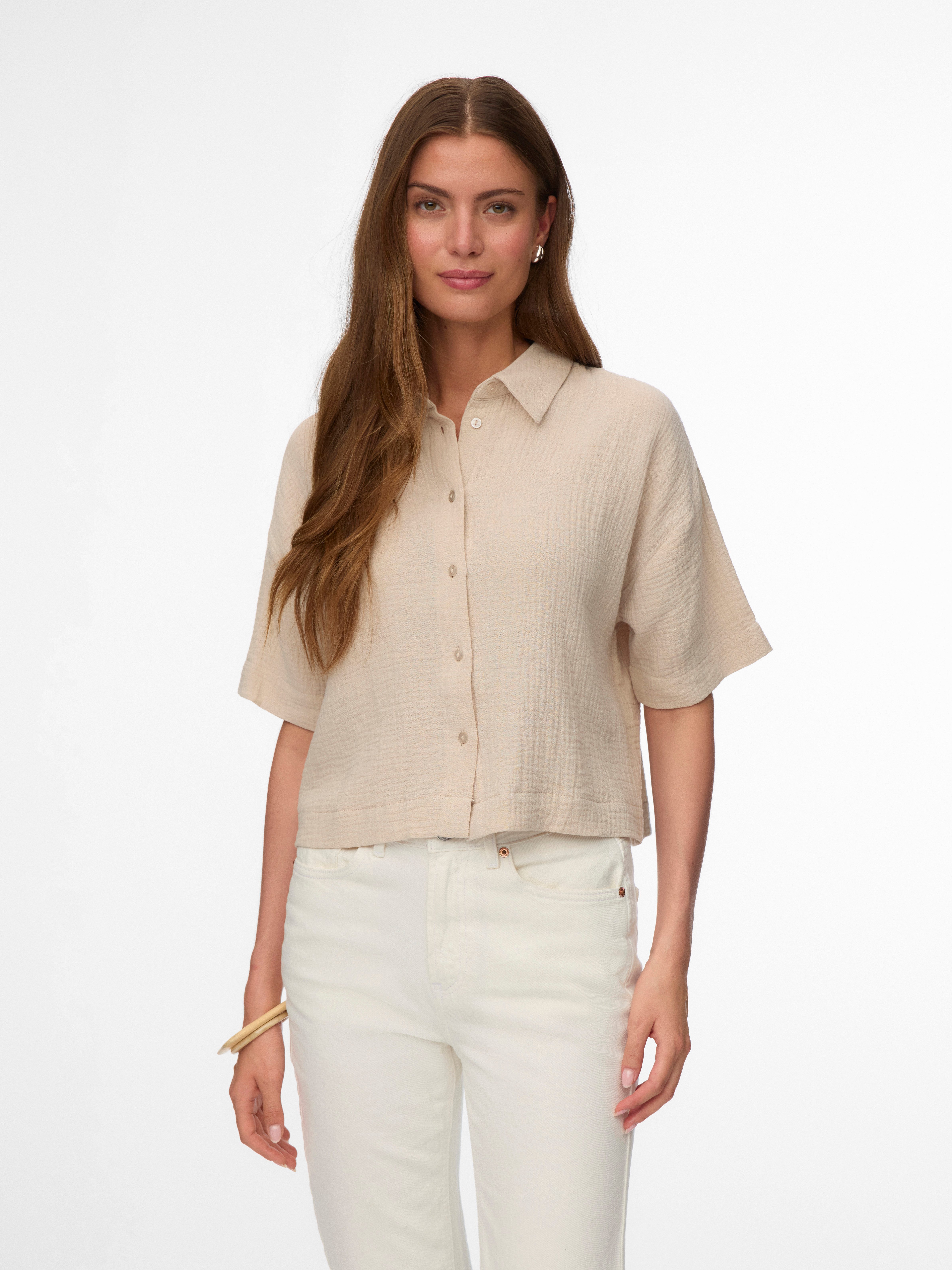 Vero Moda Kurzarmbluse VMNATALI SS CROP SHIRT WVN NOOS Baumwolle, verkürzte Form