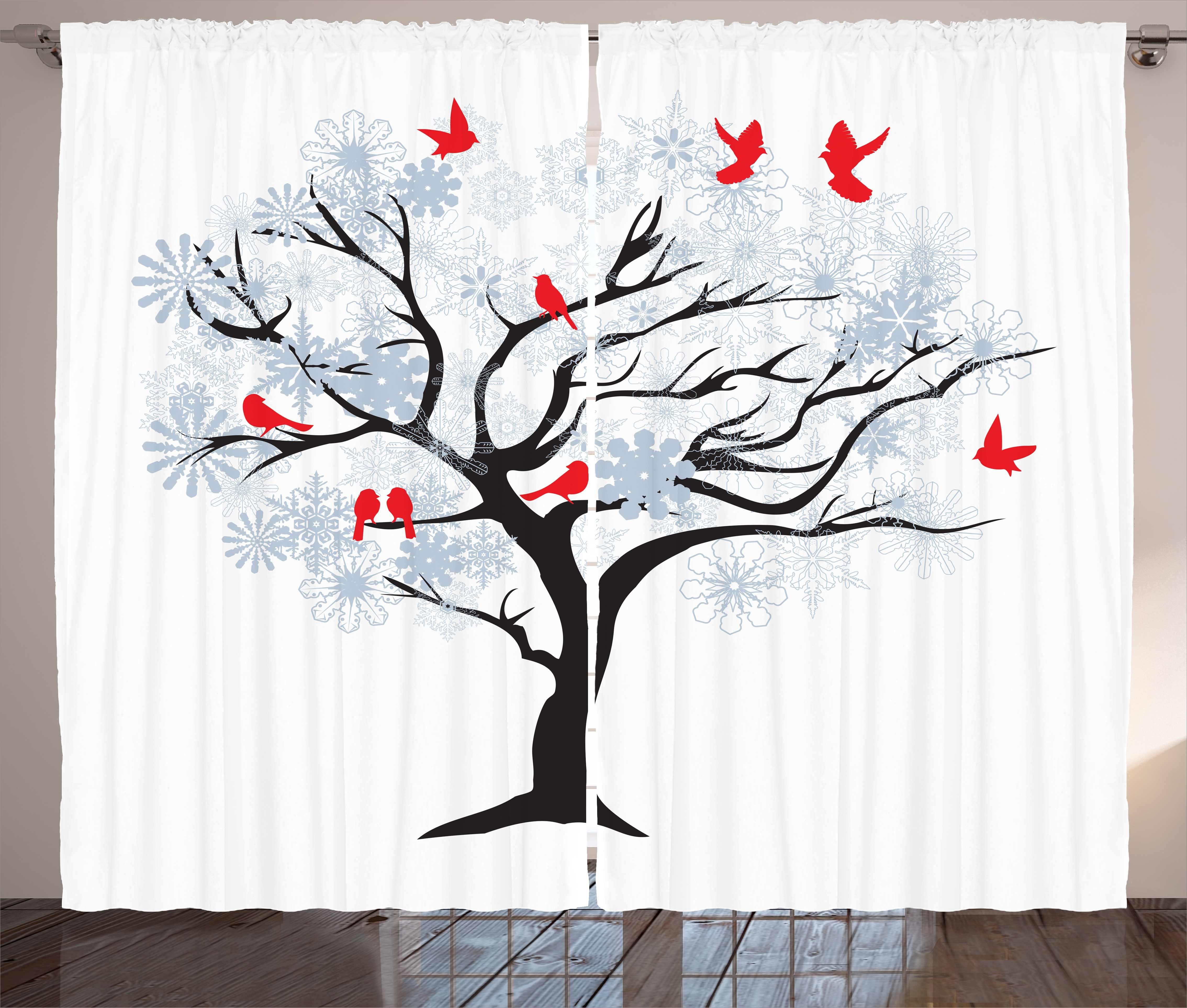 Gardine Schlafzimmer Kräuselband Vorhang mit Schlaufen und Haken, Abakuhaus, Snowy-Bäume Vogel-Fliegen auf einem Baum