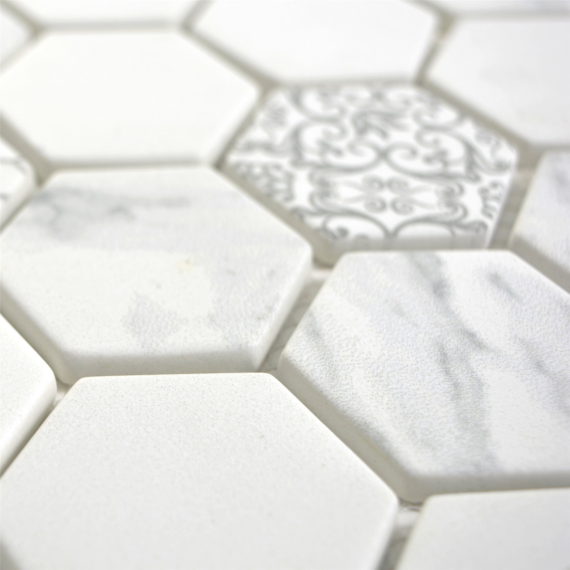 Mosafil Mosaikfliesen Glasmosaik Fliesen Acapella Hexagon, Glas 28.000x32.400, weiß-carrara, Eco Glas - Verlegefertig auf ein Netz geklebt - Frostsicher -