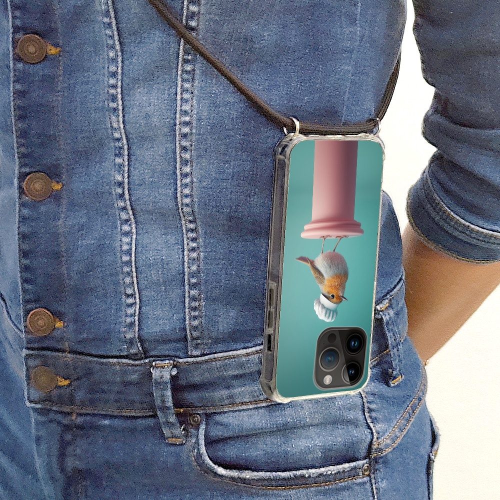 MuchoWow Handyhülle für Apple iPhone 14 Pro Max Rotkehlchen - Vogel - Kochmütze - Sockel, Tragbare Handyhüllen mit Kette zum umhängen, Handykette Handyband