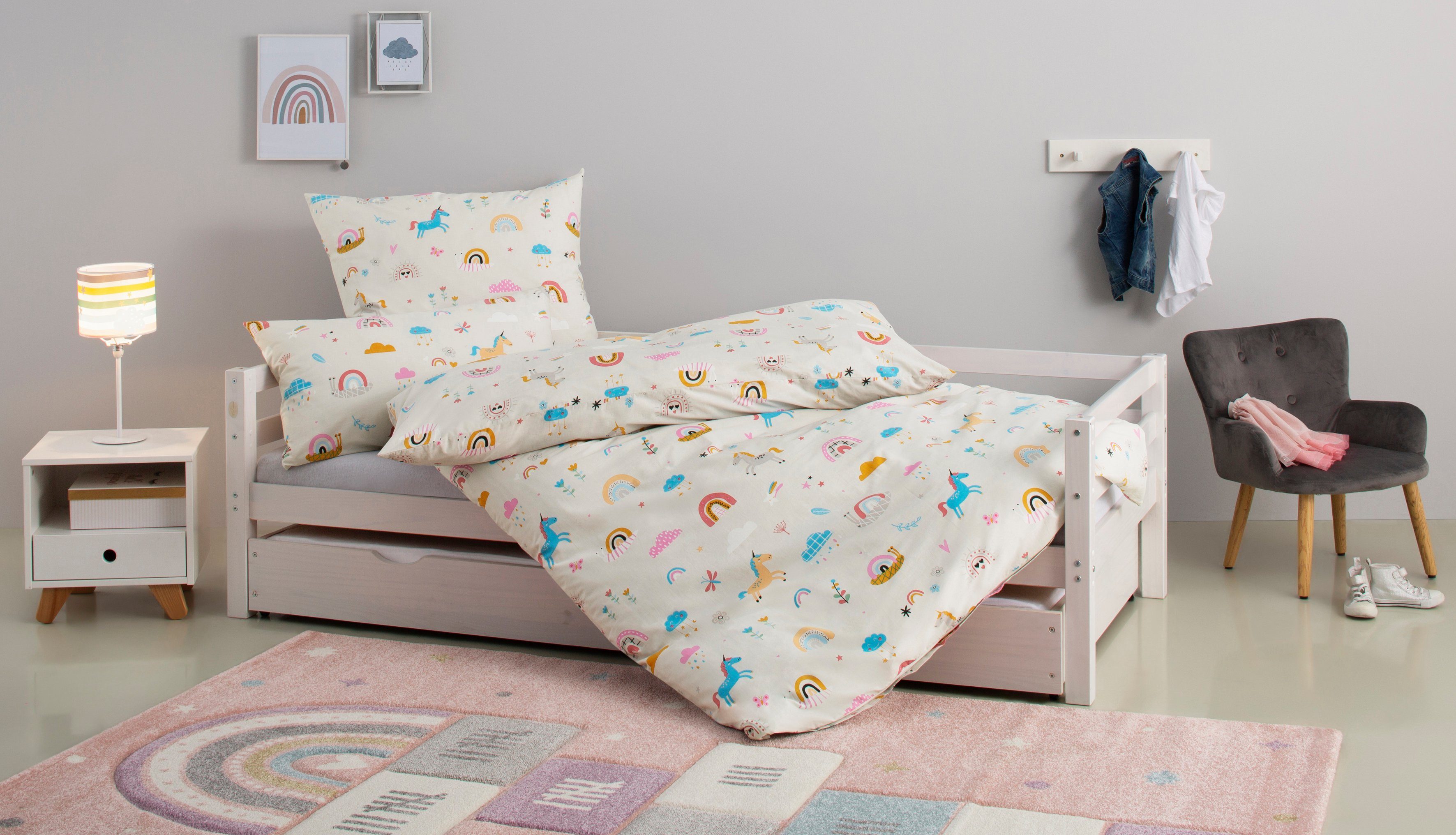 OTTO home Kinderbettwäsche CUDDLEE, Biber, 2 teilig, in vielen Designs: Dino,Einhorn,Weltraum,Baustelle,Herz,Trecker,Safari
