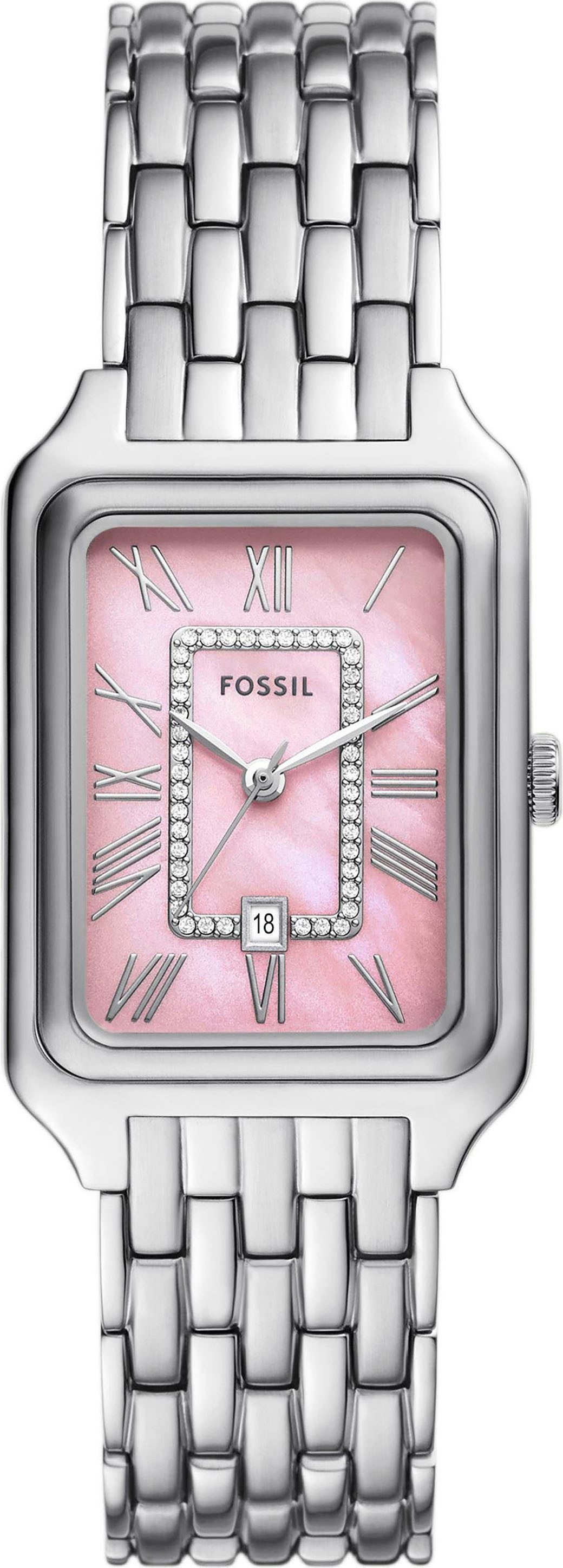 Fossil Quarzuhr RAQUEL ES5401, Armbanduhr, Damenuhr, Edelstahlarmband, analog, Tag, Glassteine