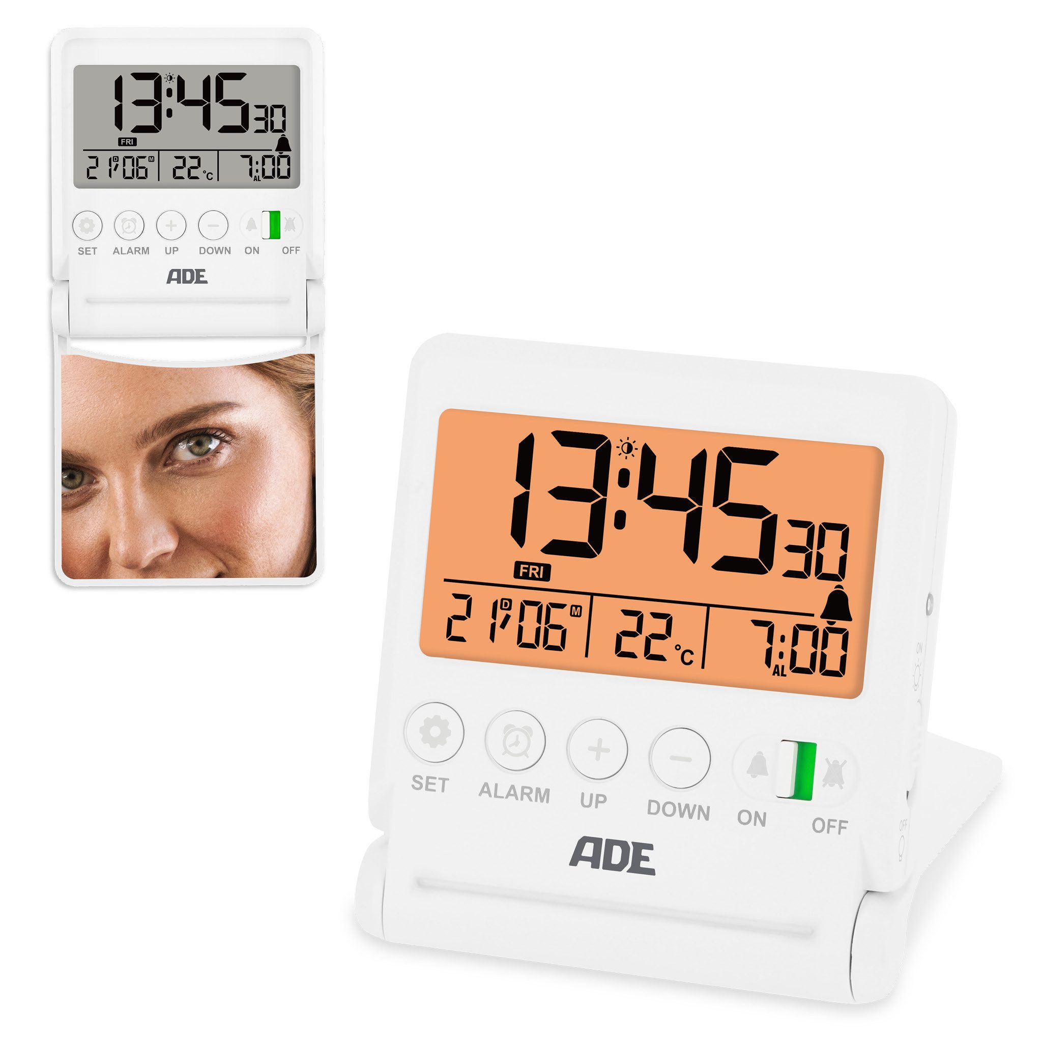 ADE Reisewecker mit Spiegel im Deckel warme Beleuchtung, Klappdesign, mit Datumsanzeige