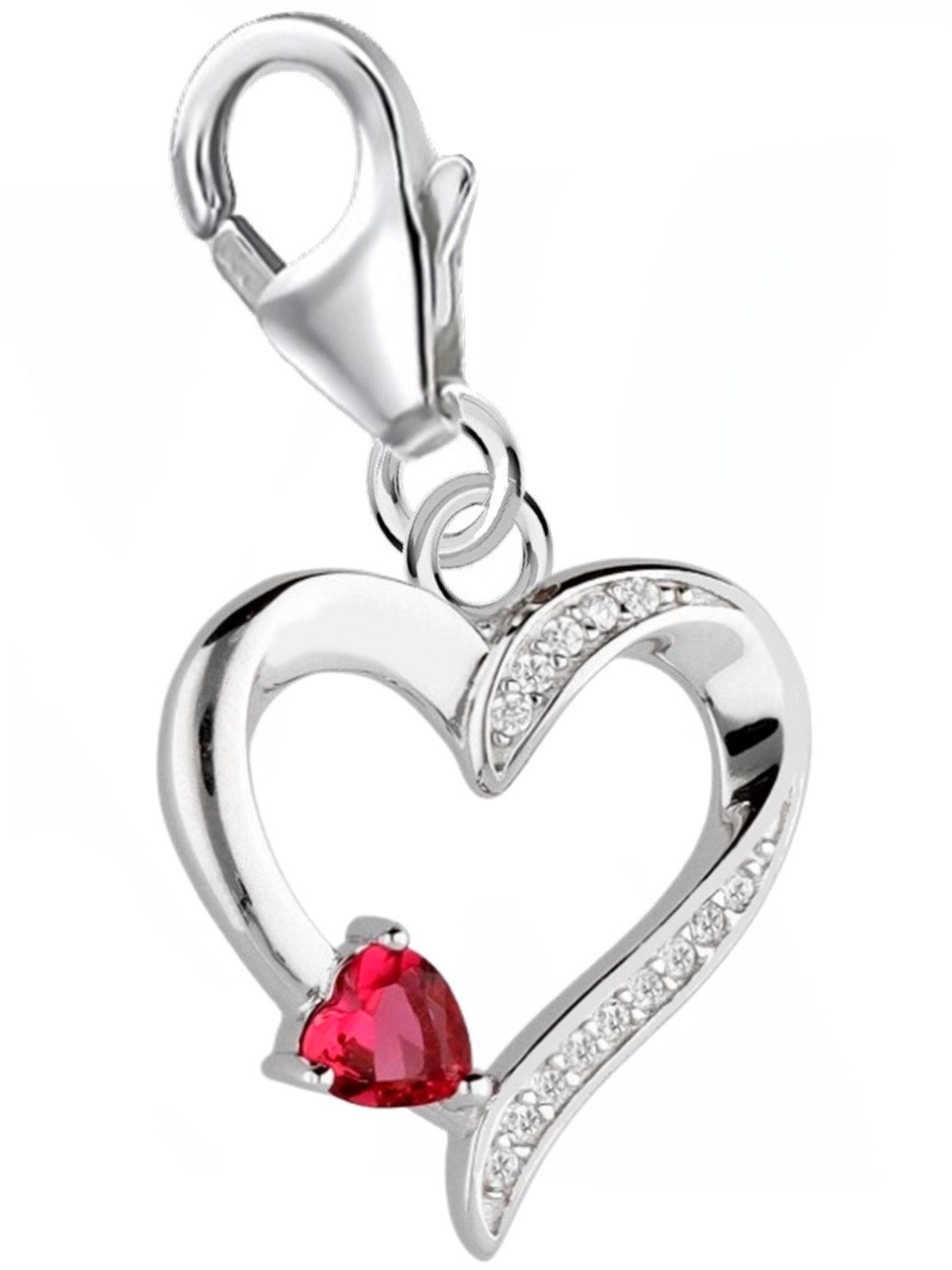 Charm Herz Rubin Zirkonia 925 Sterling-Silber Karabiner Anhänger für Armband