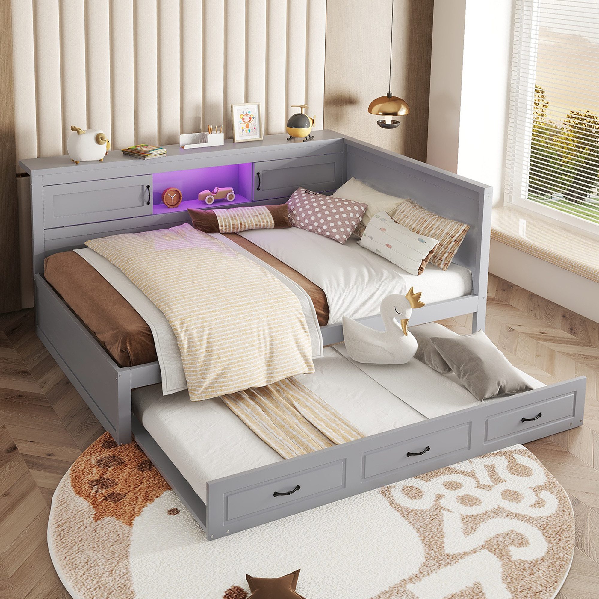 Flieks Daybett, LED Tagesbett Kinderbett 140x200cm Ausziehbett 90x190cm Lad günstig online kaufen