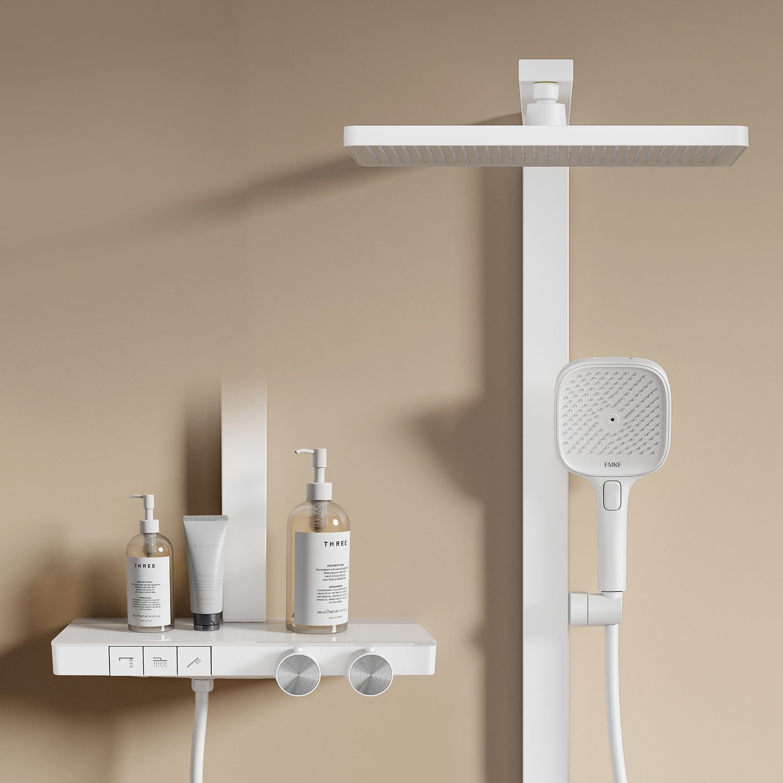 EMKE Duschsystem mit Thermostat Regendusche und Handbrause Messing Duschsäule, Thermostat Duschsystem mit Handbrause, 4 Funktionen Messing