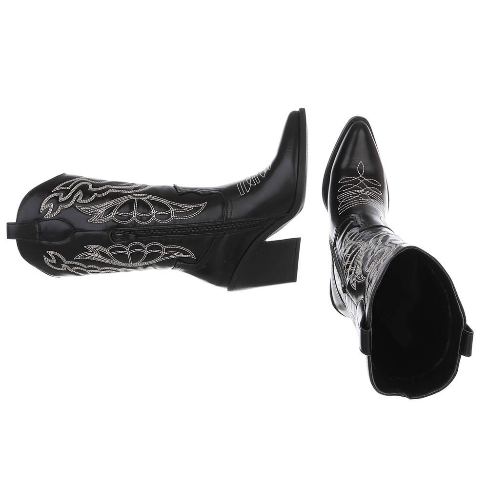 Ital-Design Stylische Damen-Stiefeletten mit Stickdetails für Alltag Westernstiefel (91409450) Blockabsatz Stiefel in Schwarz