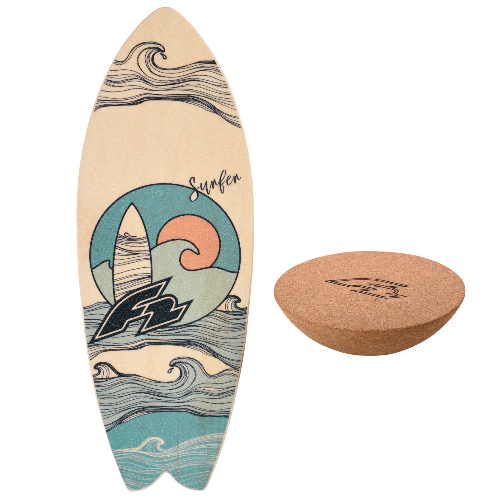 F2 Balanceboard F2 Set Balance Board Surfer 76x28cm mit Kork Halbkugel