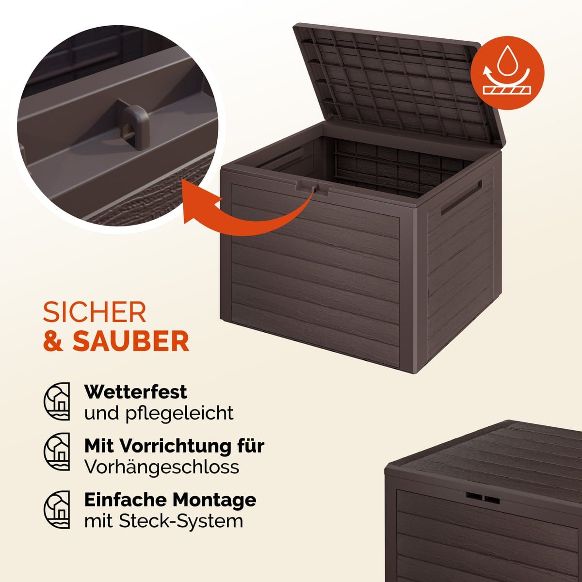 Casaria Auflagenbox Lille - braun (1 St), 190L UV-beständig Griffmulden Verschließbar Balkon Holz-Optik Braun – Bild 3 von 5