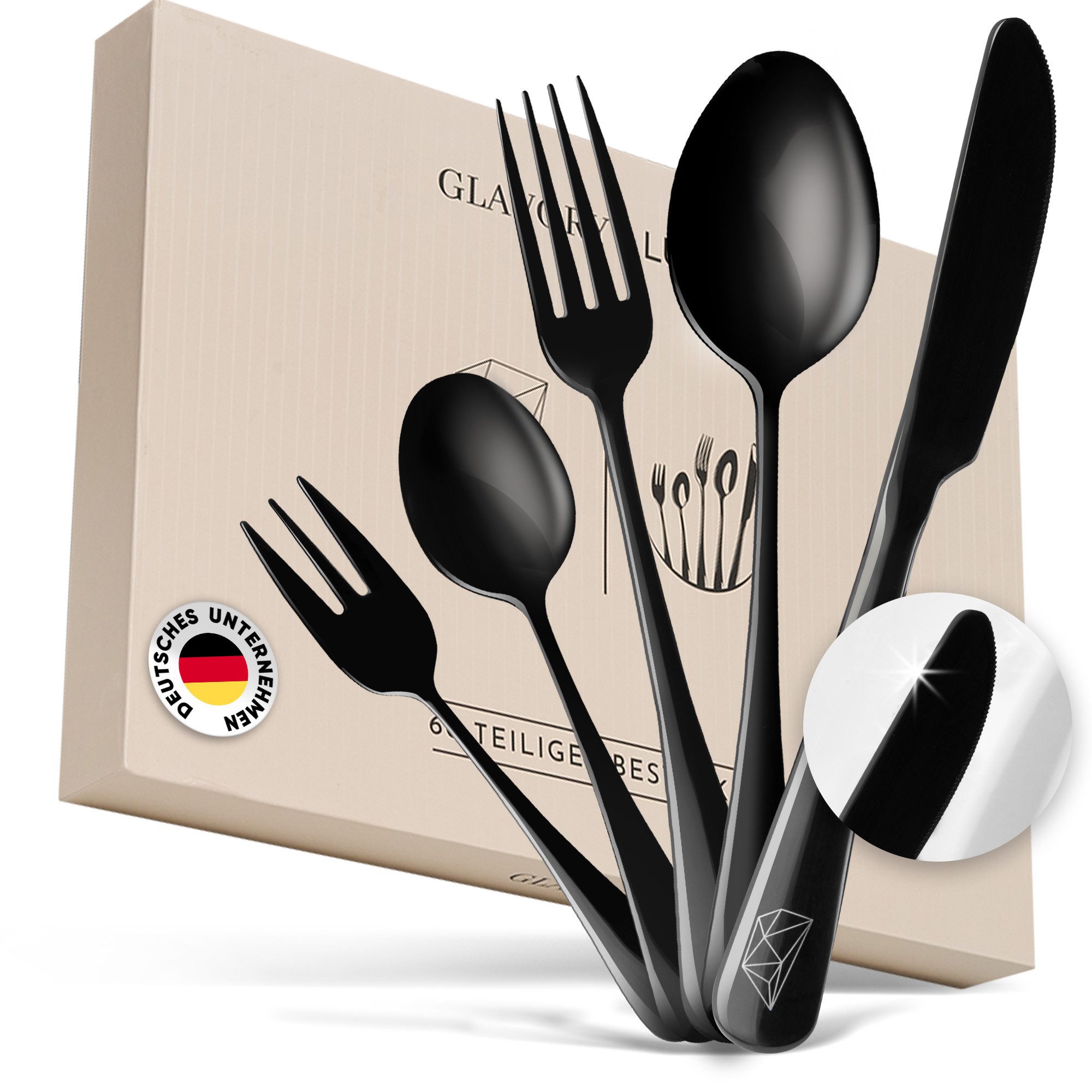 Glavory Besteck-Set Lumina - Besteck Set 12 / 6 Personen Schwarz - 30- & 60-teilig 60 (60-tlg), Edelstahl Rostfrei 18/8, spülmaschinengeeignet, säuregeeignet, hochwertiger Besteckkasten