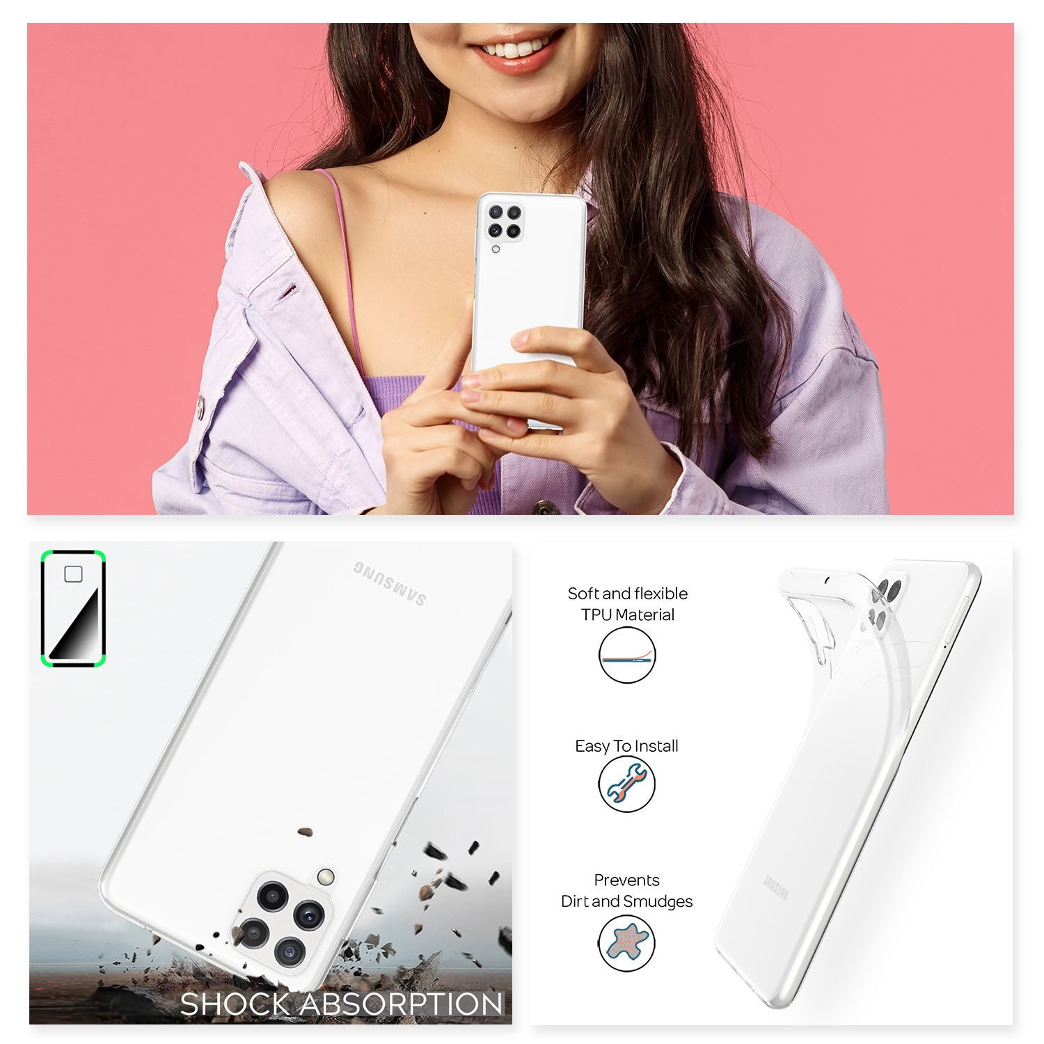 Nalia Smartphone-Hülle Samsung Galaxy A22 16,3 cm (6,4 Zoll), GLAZE Case - Transparentes Silikon, Anti-Watermark & Schlank