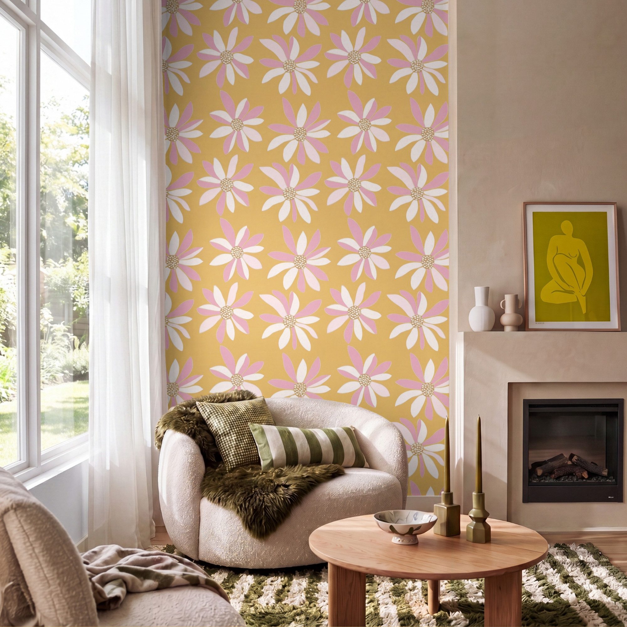 OnlyWow Fototapete Blumen - Modern - Gelb, Matt, bedruckt, Modern, bedruckt, Wohnzimmer, Wandtapete 120x200cm