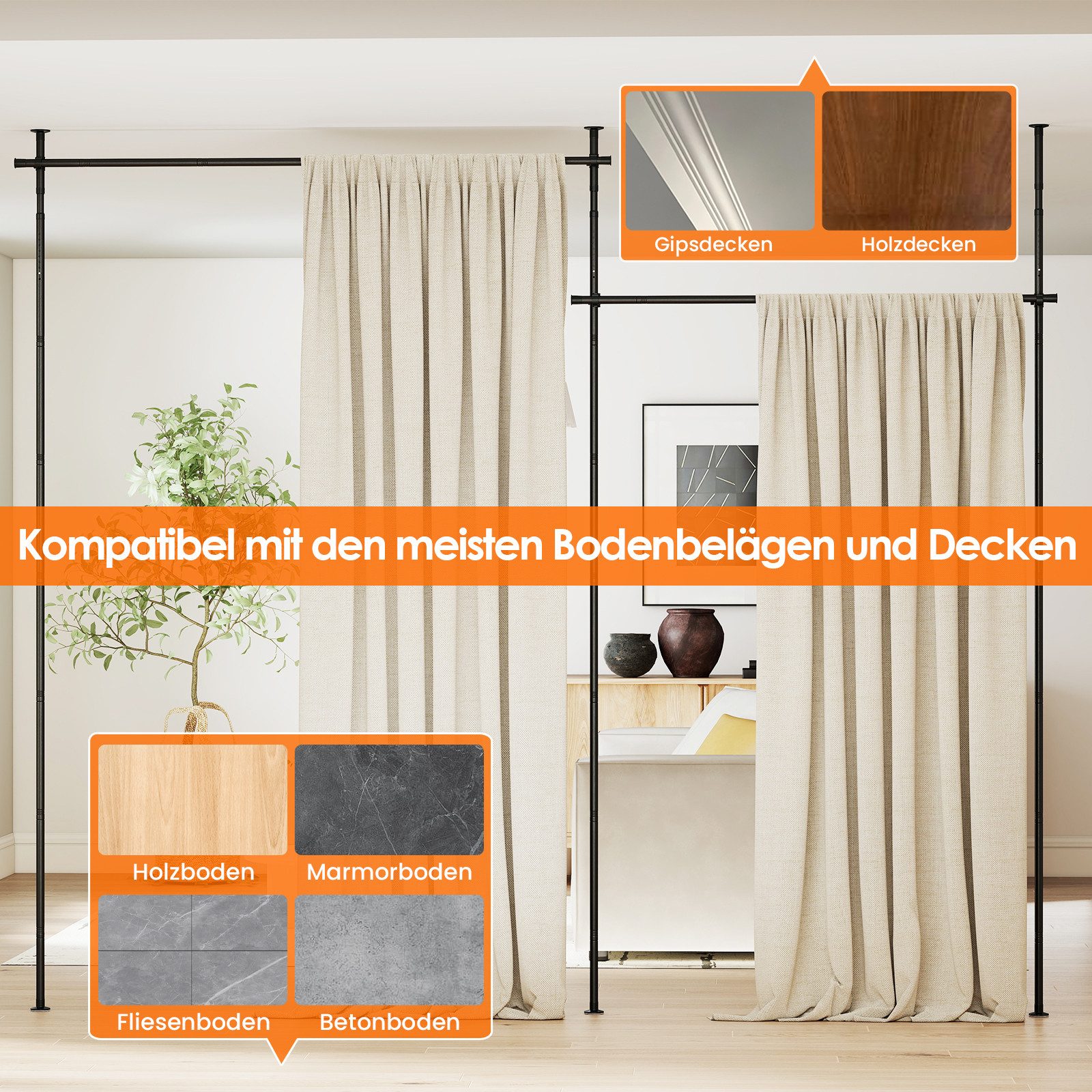 COSTWAY Raumteiler, Gardinenstange flexibel verstellbare Vorhangstange ohne Bohren