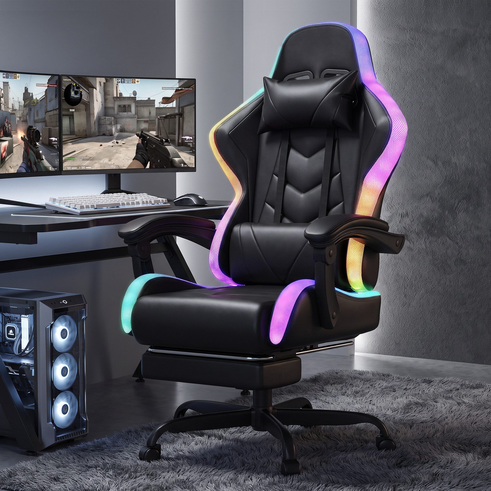 HOMALL Gaming-Stuhl mit LED,Ergonomisch,Fußstütze,computerstuhl,gaming stuhl mit massage (Die LED-Beleuchtung ist einstellbar, das Massagekissen für den Rücken ist beweglich), Ergonomischer Bürostuhl,Kopfstütze und Lendenstütze