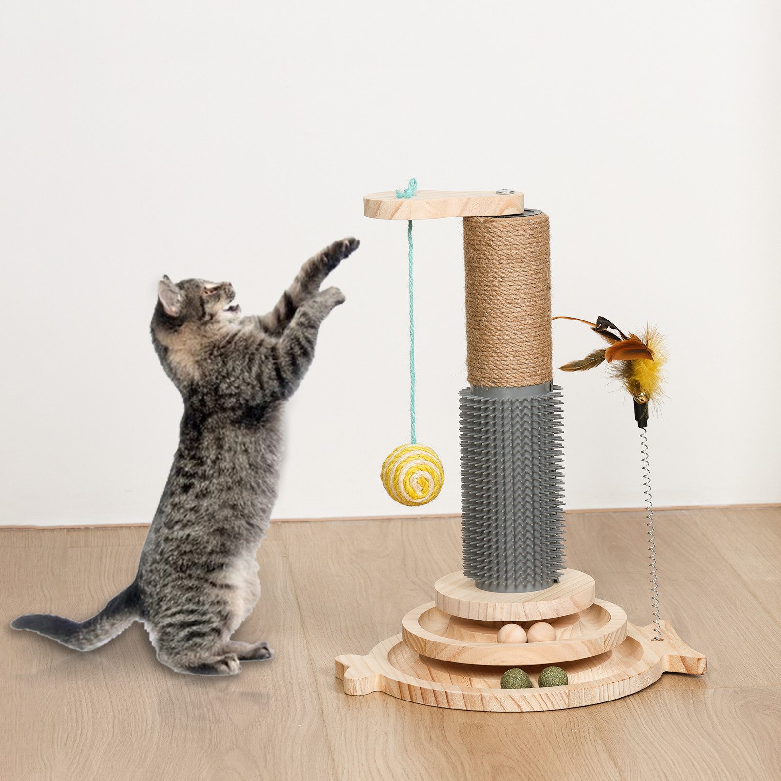 Rutaqian Katzenspielrad Katzenspielzeug aus Holz,5 in 1 Katzenspielzeug, Katze Sisal Seil Massierender Kratzbaum mit hängenden Ball