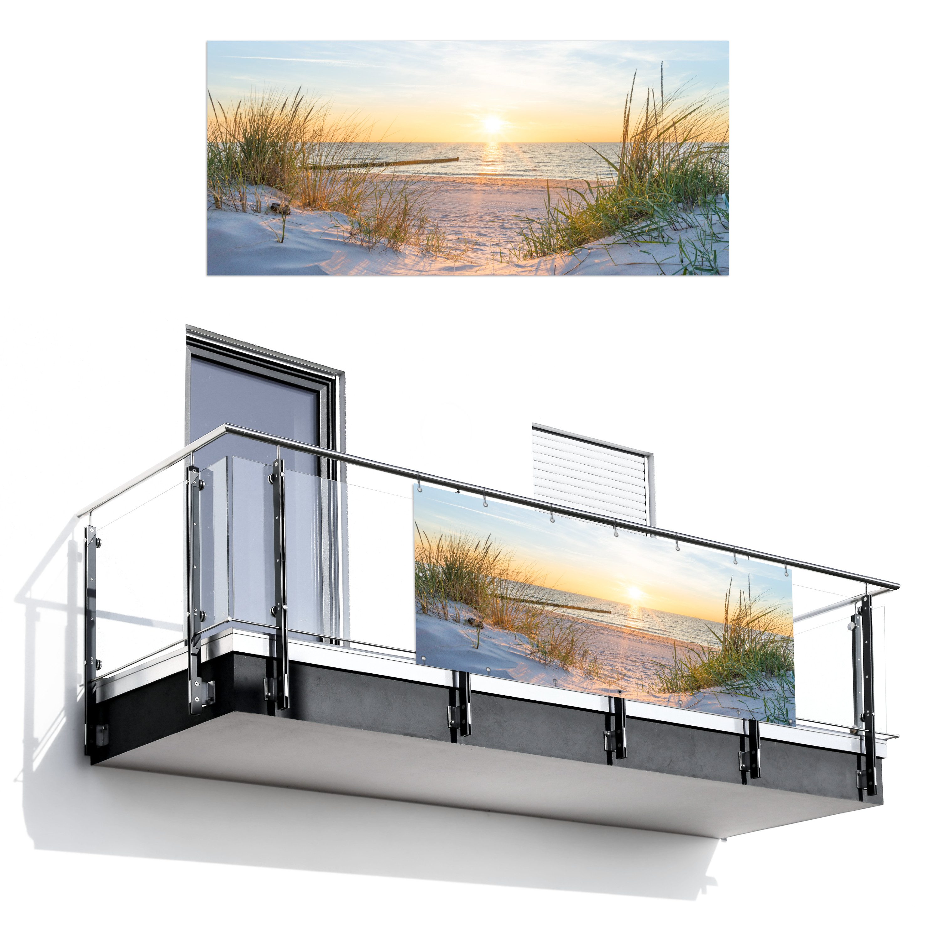 MuchoWow Balkonsichtschutz Strand - Sonne - Düne - Gras - Sand - Horizont (1-St) Balkon Sichtschutz 90x200, Windschutz für Zaun PVC, 200x90 cm