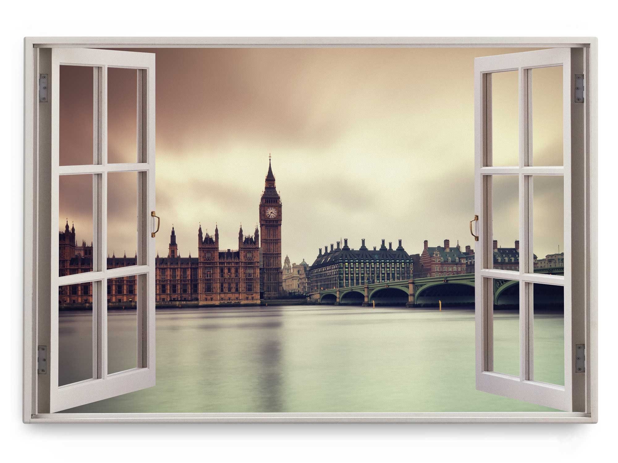 Sinus Art Leinwandbild Wandbild 120x80cm Fensterbild London Big Ben England Fluss Historisch, (1 St)