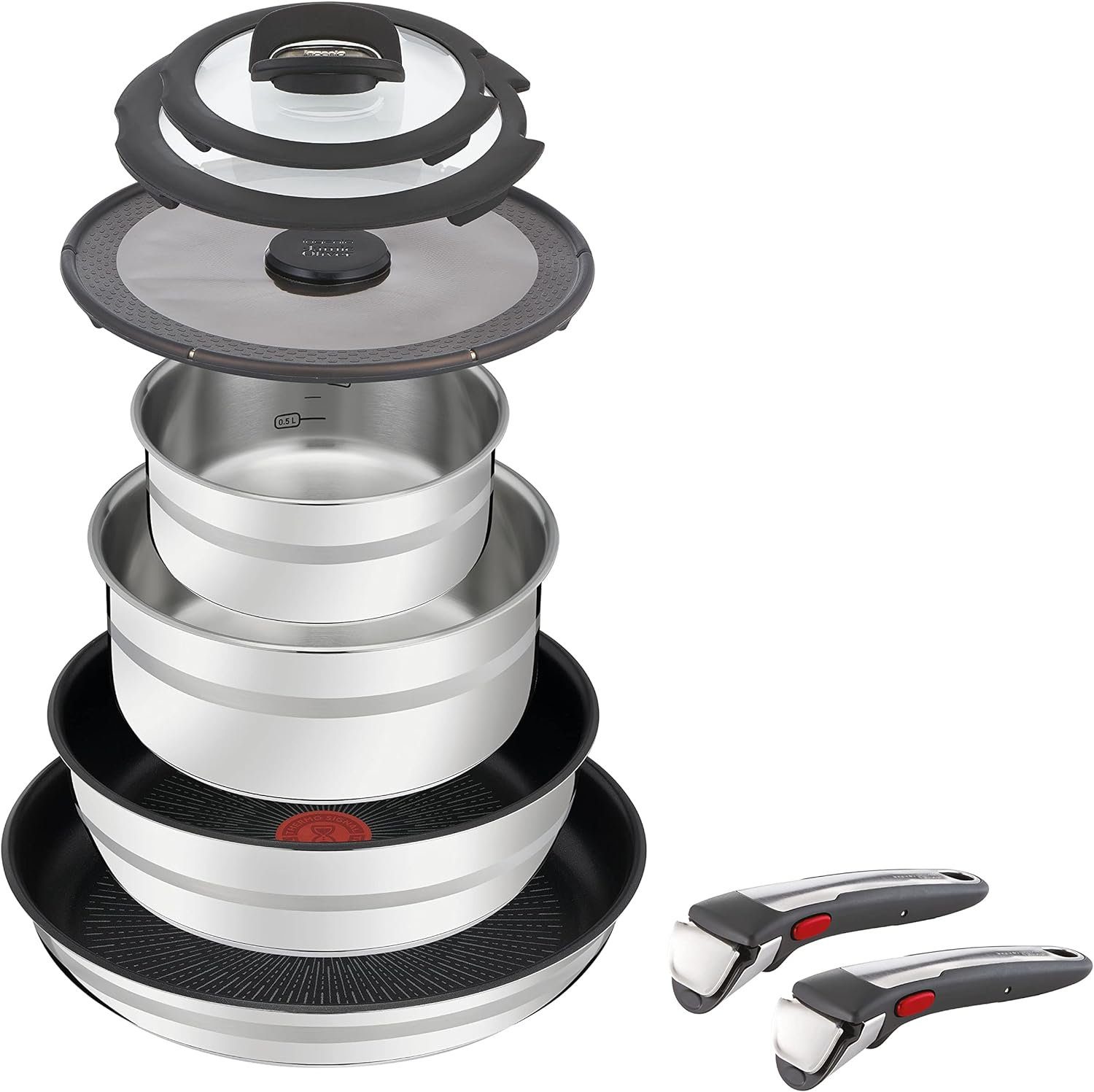 Tefal Pfannen-Set, Aluminium, 5-teiliges Ingenio Edelstahl-Set, 1  abnehmbarer Griff, 2 beschichtete