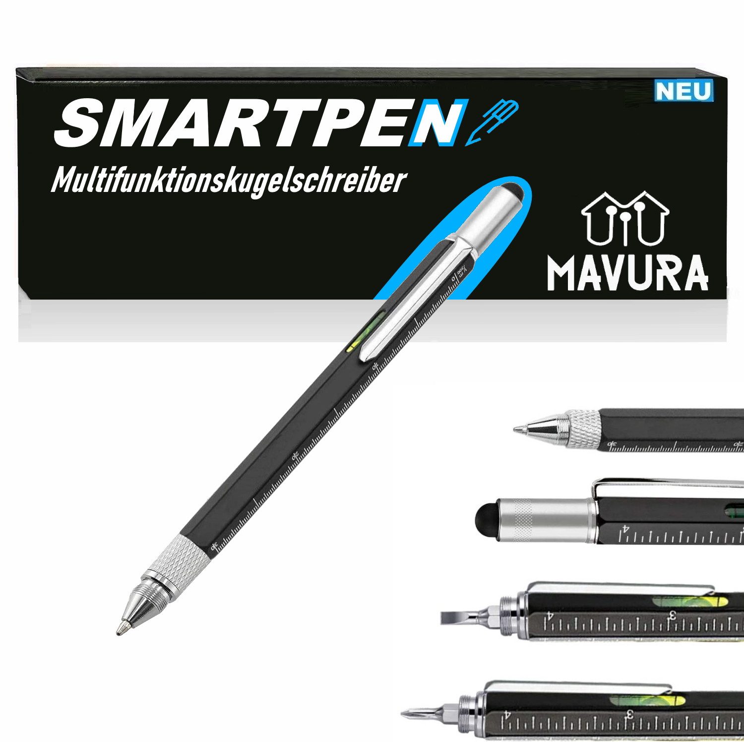 MAVURA Kugelschreiber SMARTPEN 6in1 Multifunktionskugelschreiber Multifunktionsstift Stift, (Wasserwaage Lineal Kreuzschraubendreher), Schlitzschraubendreher Geschenk Männer Gadget