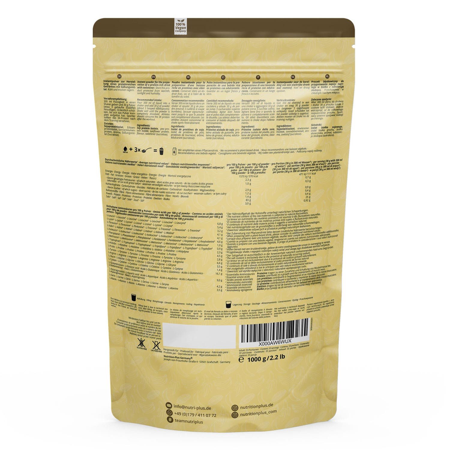 nutri+ Protein Pulver Vegan 3K Pulver, 1 er 1000 g – Bild 3 von 4