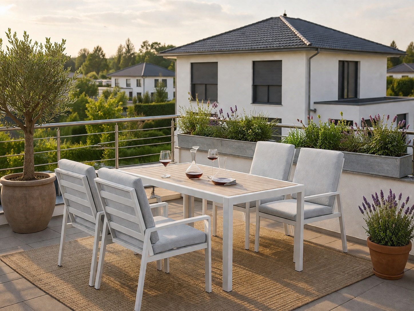MeXo Gartenlounge-Set Lounge Gartenmöbelset Aluminium Wetterfest, (Garten Essgruppe für 4 Personen, 5-tlg., 4 Sessel, Esstisch 140x80x70 cm), 85 cm Rückenlehne, hoher Sitzkomfort