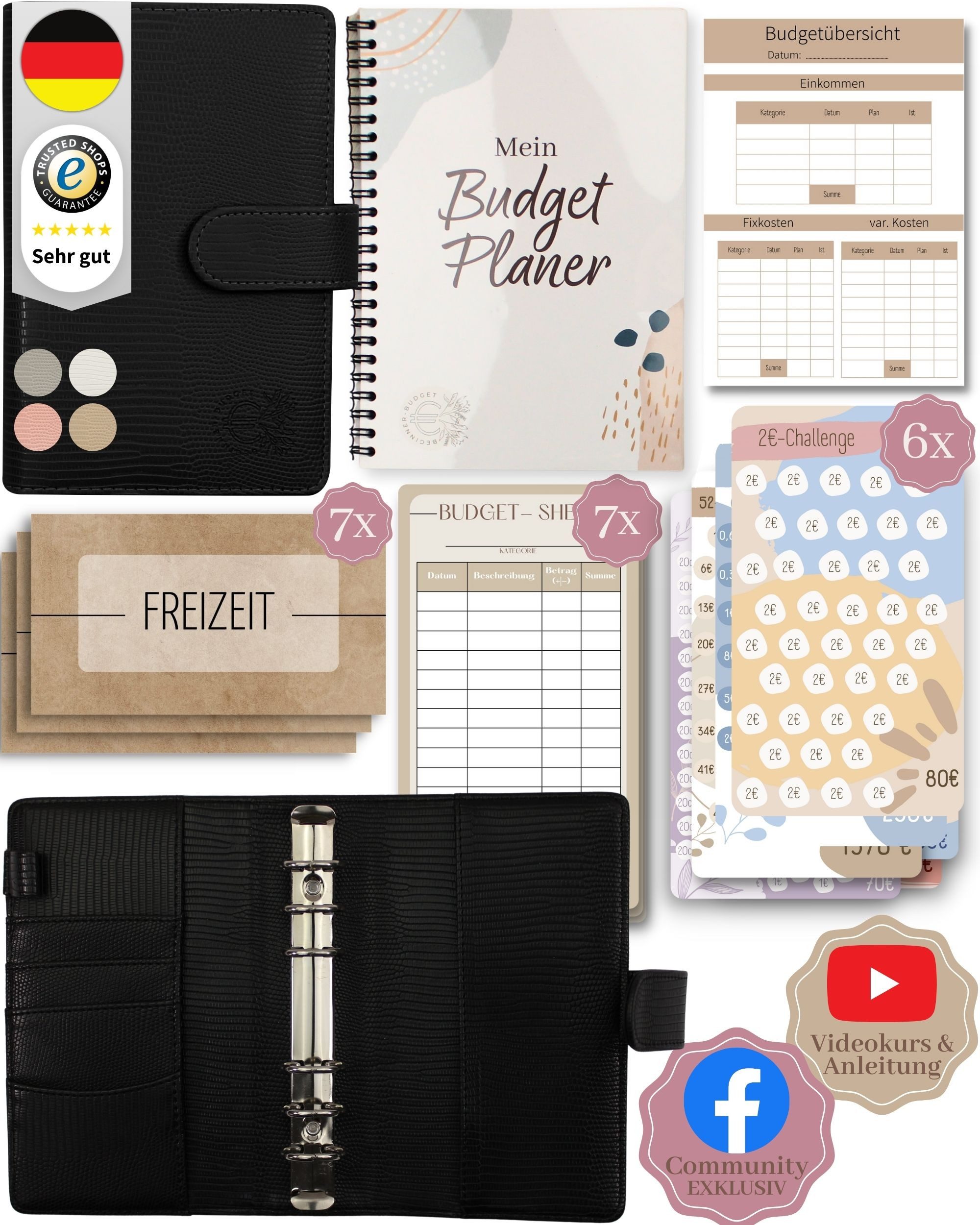 BeginnerBudget Ringbuchkalender Budget Planner & Haushaltsbuch Starter-Set: Sparbuch & Spar-Challenges, Sparen mit Umschlagmethode + Anleitung - Ringbuch - Binder A6
