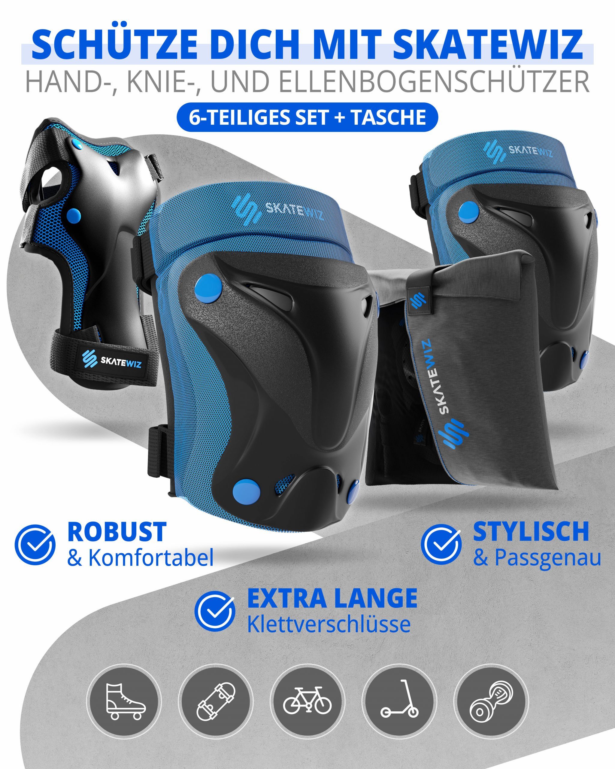 SKATEWIZ Protektoren-Set Schützer Skateboard ab 8 Jahre Protektoren Kinder und Erwachsene (Inline Skate Schonerset, 6-tlg., Knieschoner Geschenke für Kinder - Inliner Schoner), Inline Skate, Skateboard & Schlittschuhe Schoner