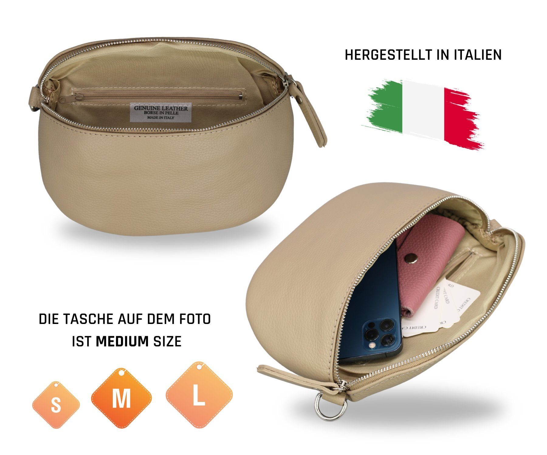 Adel Bags Gürteltasche Bauchtasche Damen Leder Taupe, Umhängetasche, Echtes Leder, hergestellt in Italien, mit 2 Riemen