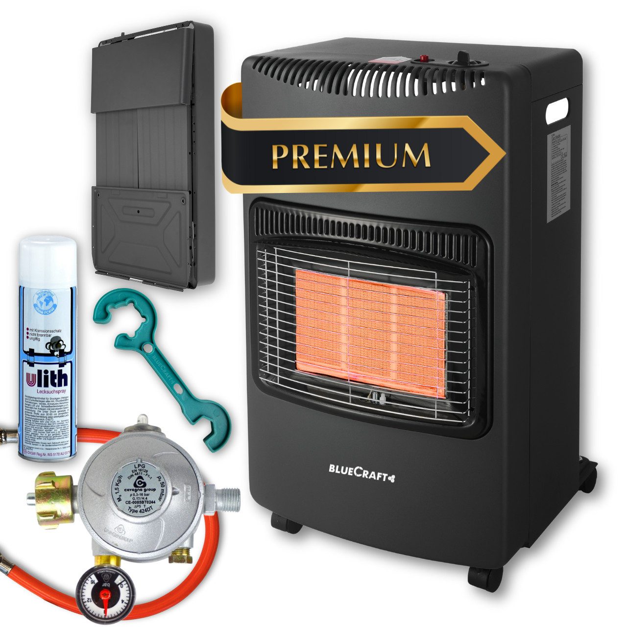BlueCraft Heizstrahler PREMIUM Gasheizung Gasofen 4200 W Campingheizung Gas-Heizstrahler, 4200 W, 3-Stufen-Regulierung, Kompakt, Mobil, Mit Gasdruckregler + Schlauch