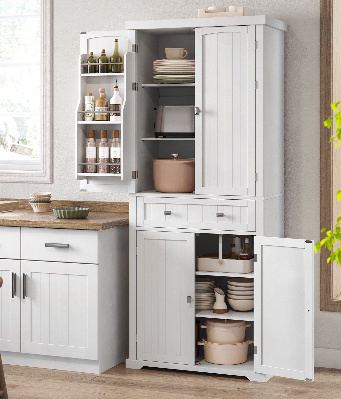 VASAGLE Buffet Küchenschrank Mehrzweckschrank, 4 verstellbare Ablagen 40 x 76 x 182,1 cm, für Wohnzimmer Küche, mit Verstellbaren Ablagen