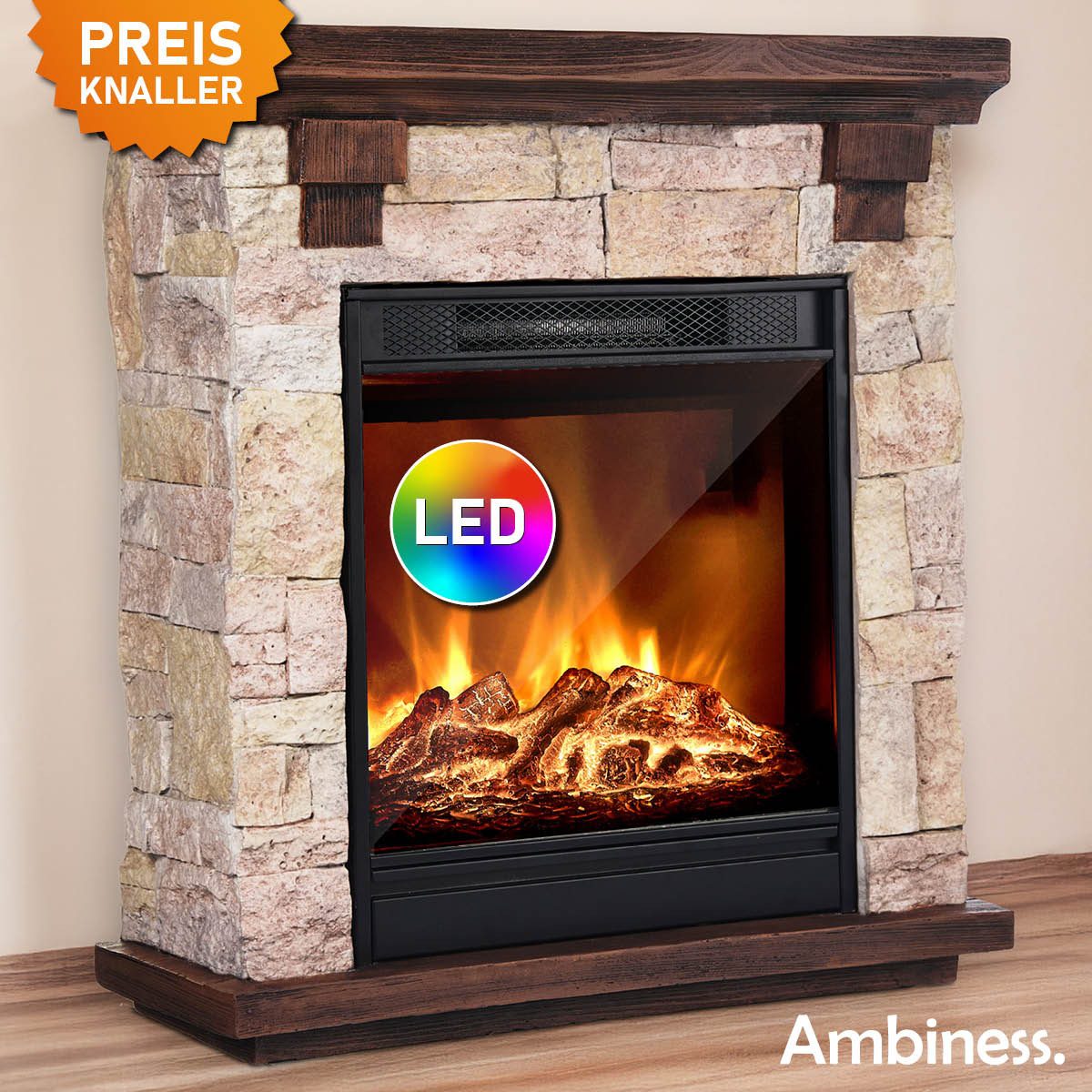 AMBINESS Elektrokamin 2 Heizstufen, 900W - 2000W, LED - 3D Flammeneffekt mit Farbwechsel, inkl. Fernbedienung Timer & Thermostat