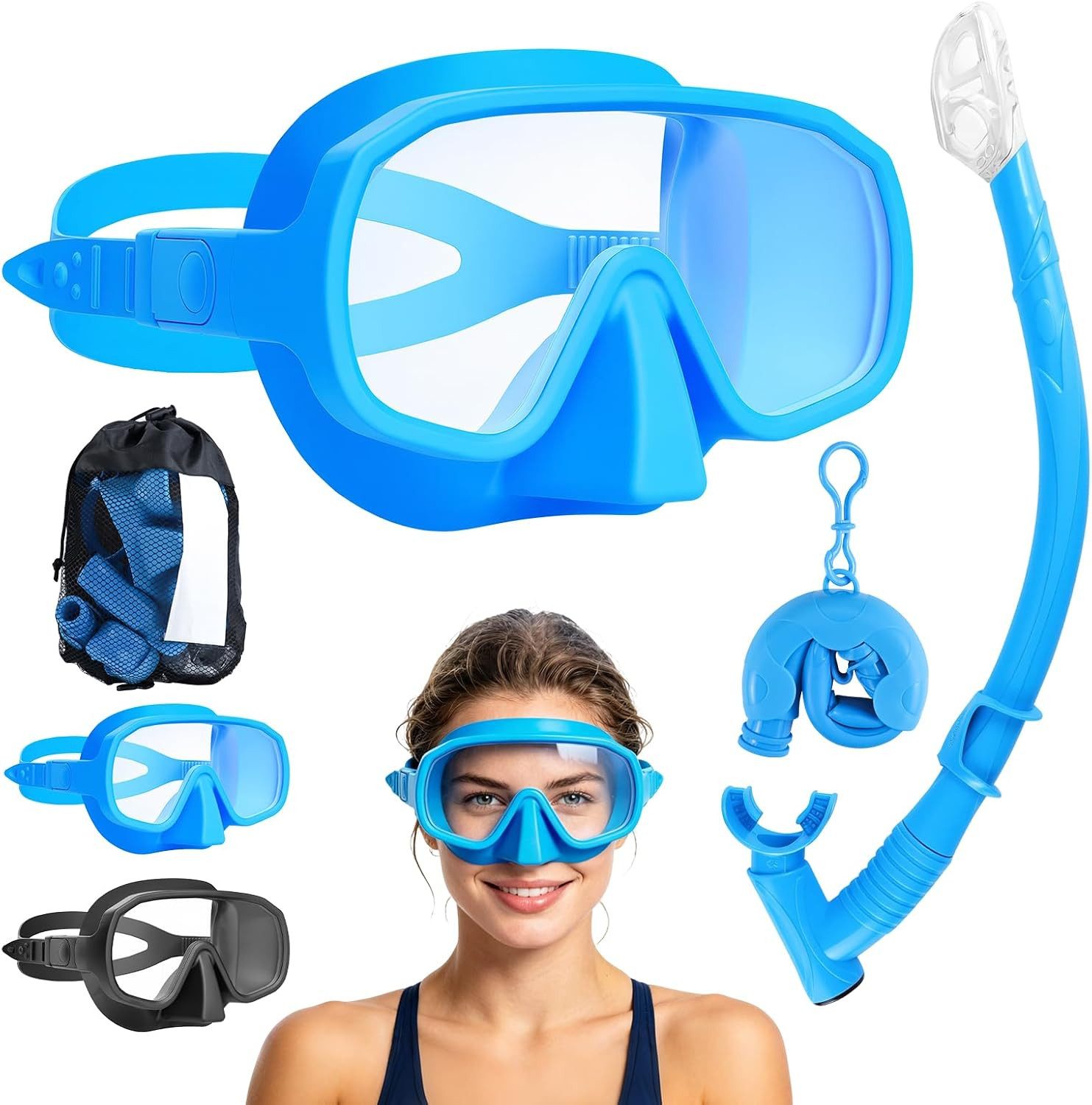 Pgtc Tauchermaske Schnorchelset Erwachsene Tauchmaske Hartglas Panoramasicht Faltbarer, (3-teiliges Schnorchelset Erwachsene mit Panorama-Maske, 3-teiliges Set mit Maske, Schnorchel und Transporttasche), Panoramasicht, Anti-Beschlag, Hartglas, faltbarer S