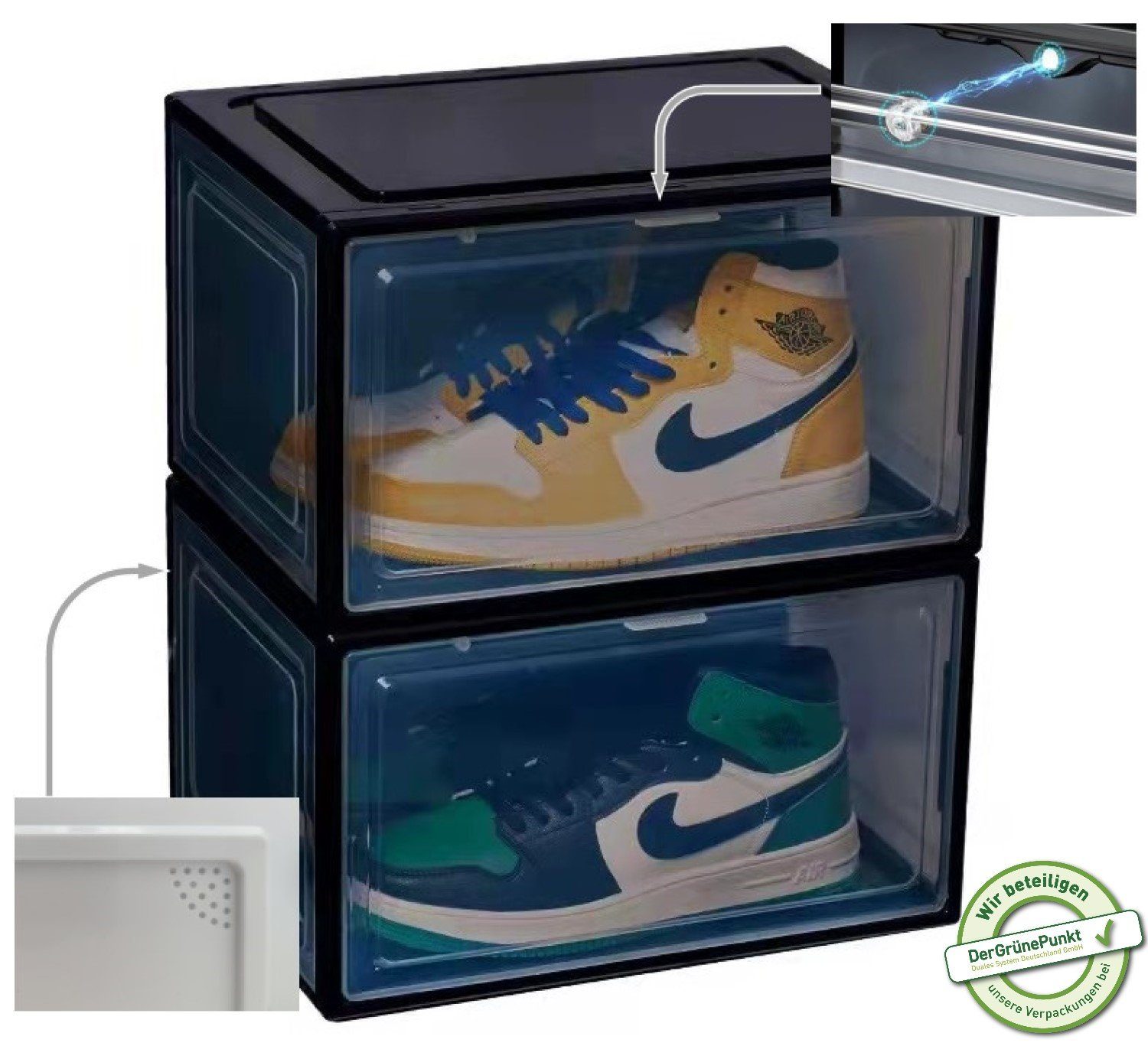 Creliv Schuhbox mit Magnettür – Stapelbare Sneaker Aufbewahrung bis Gr. 48 (2 St)