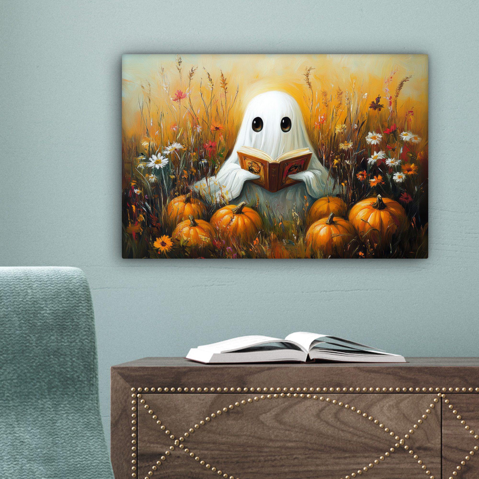 OneMillionCanvasses® Leinwandbild Halloween - Geist - Herbst - Kürbis - Blumen - Natur, Fotodruck (1 St), Leinwand Canvas Wandbild, Wanddekoration 20x30 cm – Bild 3 von 5