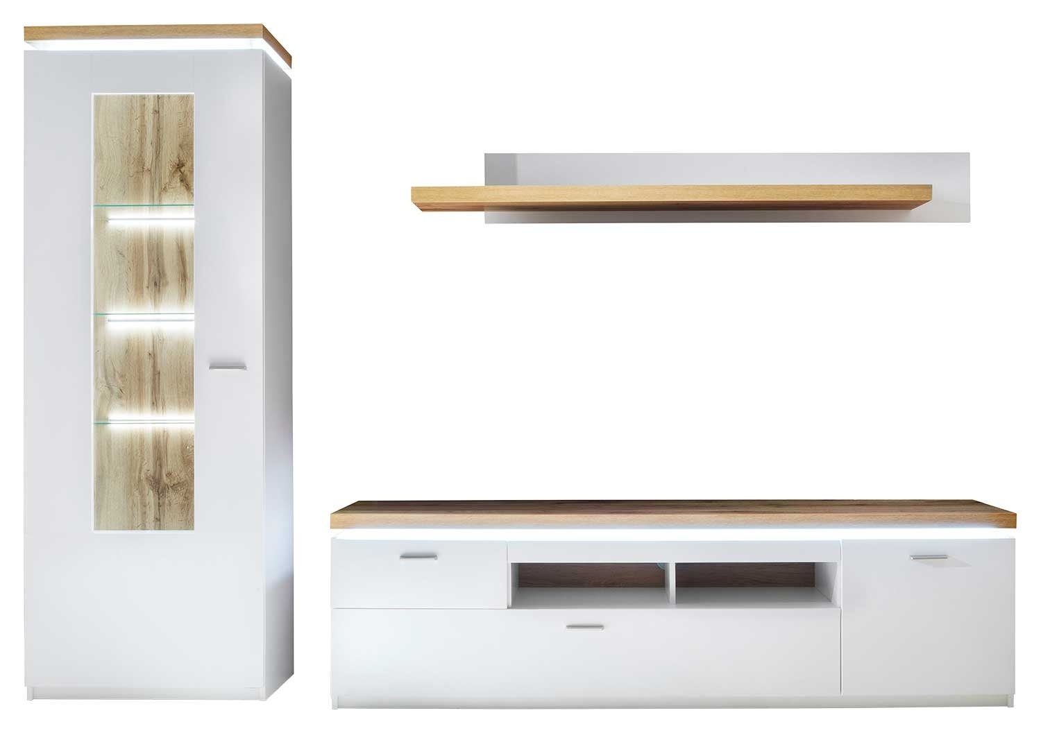 Wohnwand CALI, (3-St), Weiß, Wotan Eiche Dekor, inkl. LED-Beleuchtung, 3-te günstig online kaufen