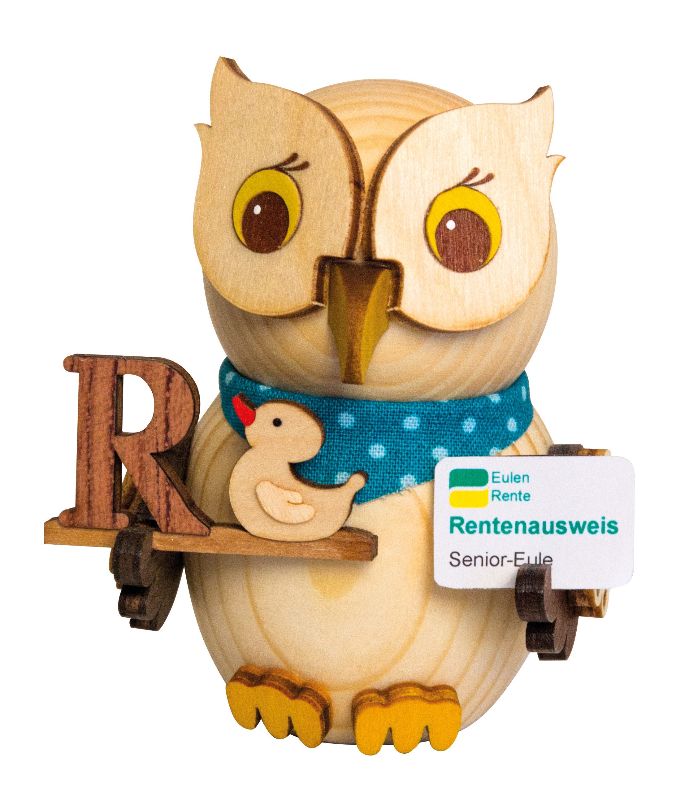 Kuhnert Dekofigur Mini-Eule mit Rentenbescheid - aus Holz gefertigt - ca. 7 cm groß, Dekoration für jeden Raum - aus dem Erzgebirge - Made in Germany