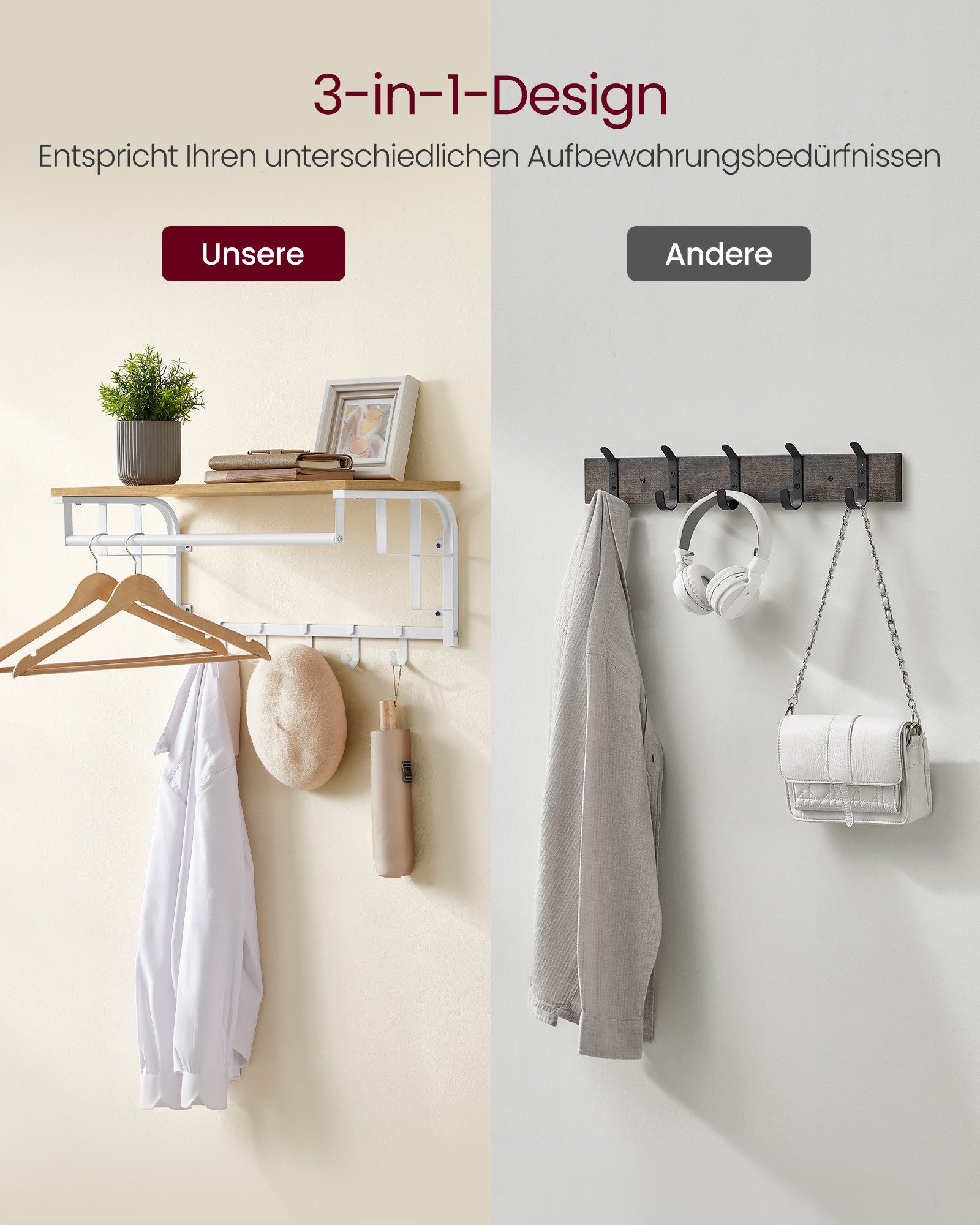 VASAGLE Wandgarderobe mit Ablage, Wandregal, mit 5 abnehmbaren Hakenfür Flur, Schlafzimmer, wandmontiertes Hängeregal mit Hängestange, 30 x 66 x 27 cm