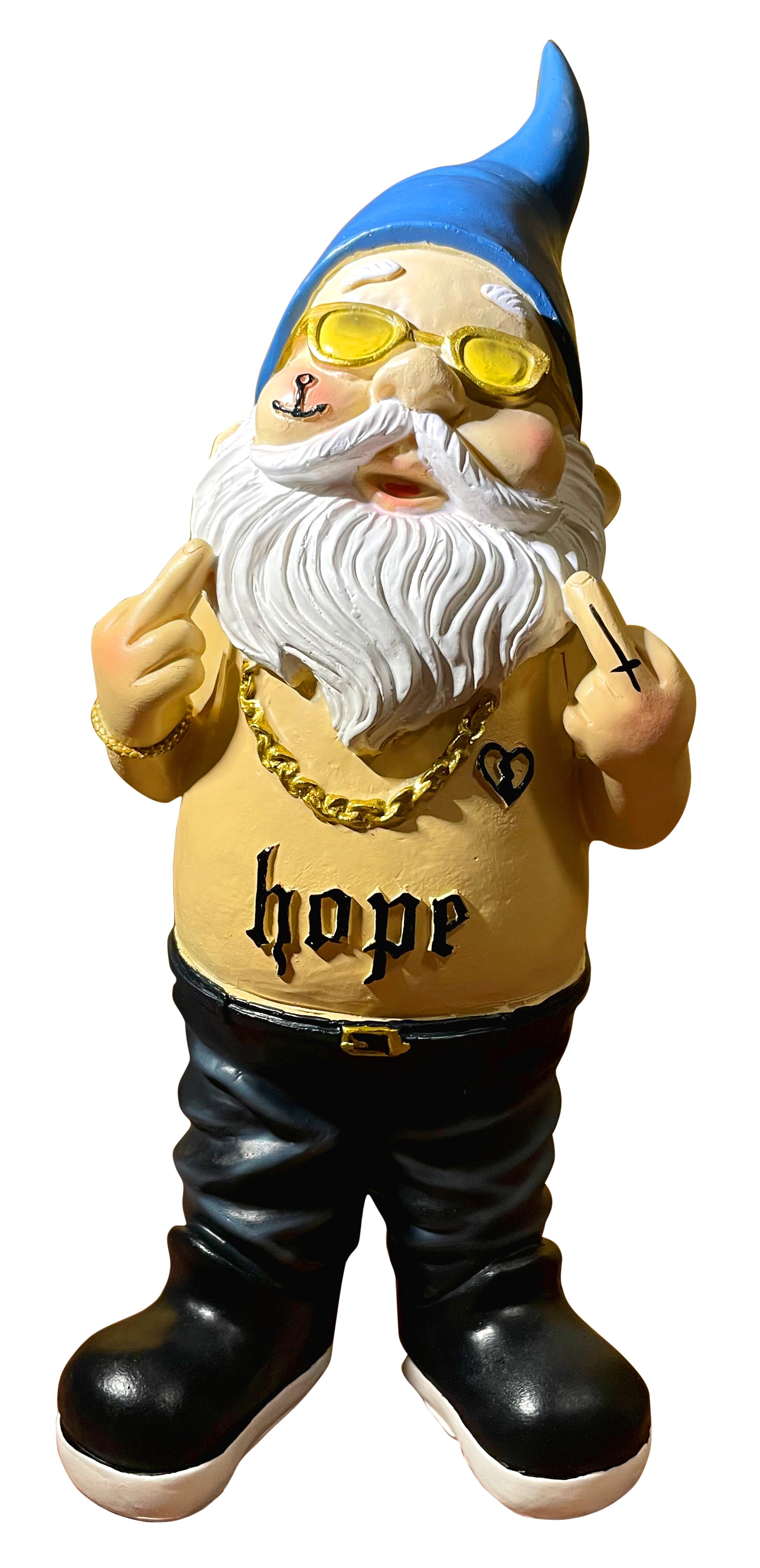 Gartenzwerg Rocker mit Tattoos & Stinkefinger, Dekofigur, Kunststein