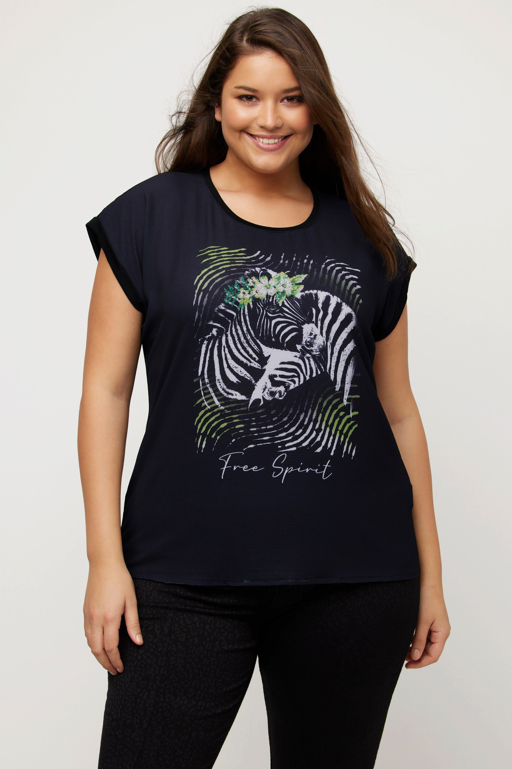 Ulla Popken Rundhalsshirt T-Shirt Oversized Zebra Rundhals Halbarm