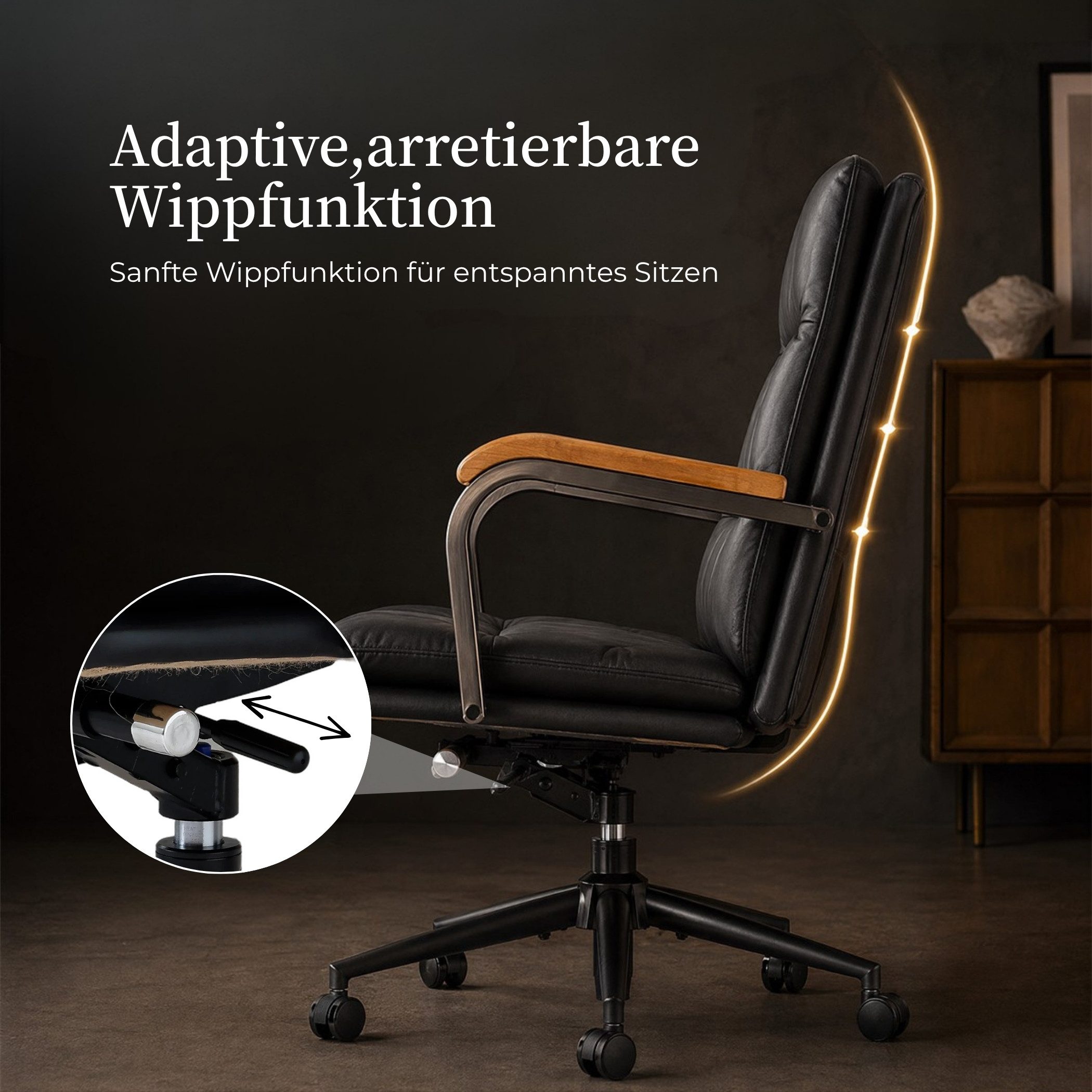 SeedWave Bürostuhl Lederbezug Chefsessel mit Holz-Armlehnen, Drehstuhl mit Wippfunktion, Industrial-Stil, bis 136kg belastbar, mit leisen Rollen