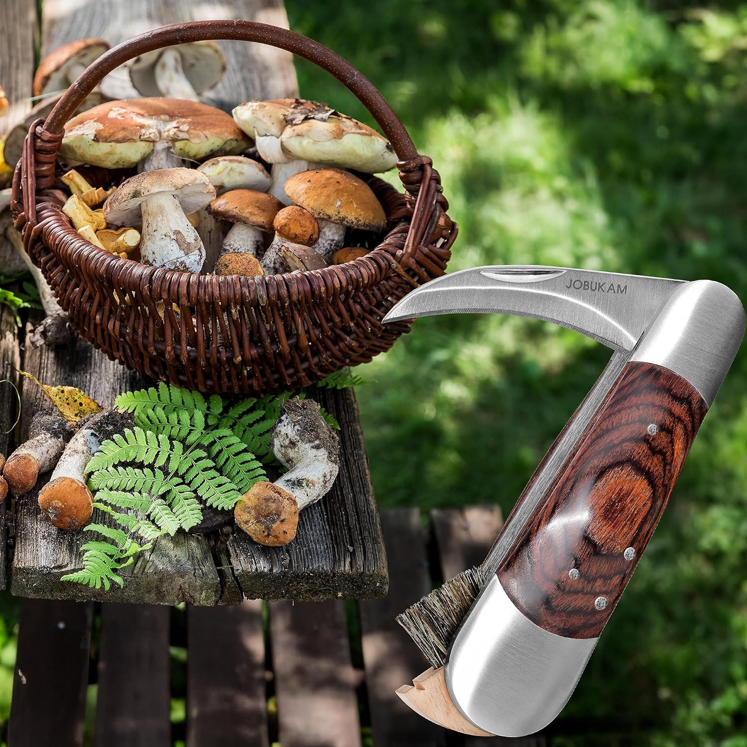 JOBUKAM Allzweckmesser Pilzmesser mit Bürste 19,3cm im ausgeklappten Zustand, Schwammerlmesser aus hochwertigen Edelstahl