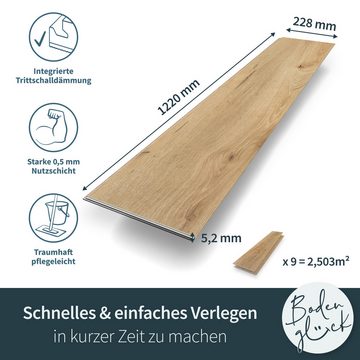 Bodenglück Vinylboden Klick-Vinyl "Eiche Wangerooge Hell", natürliche Holzoptik mit Trittschalldämmung, 1210 x 228 x 5,2 mm, Paketpreis für 2,5m², TÜV geprüft