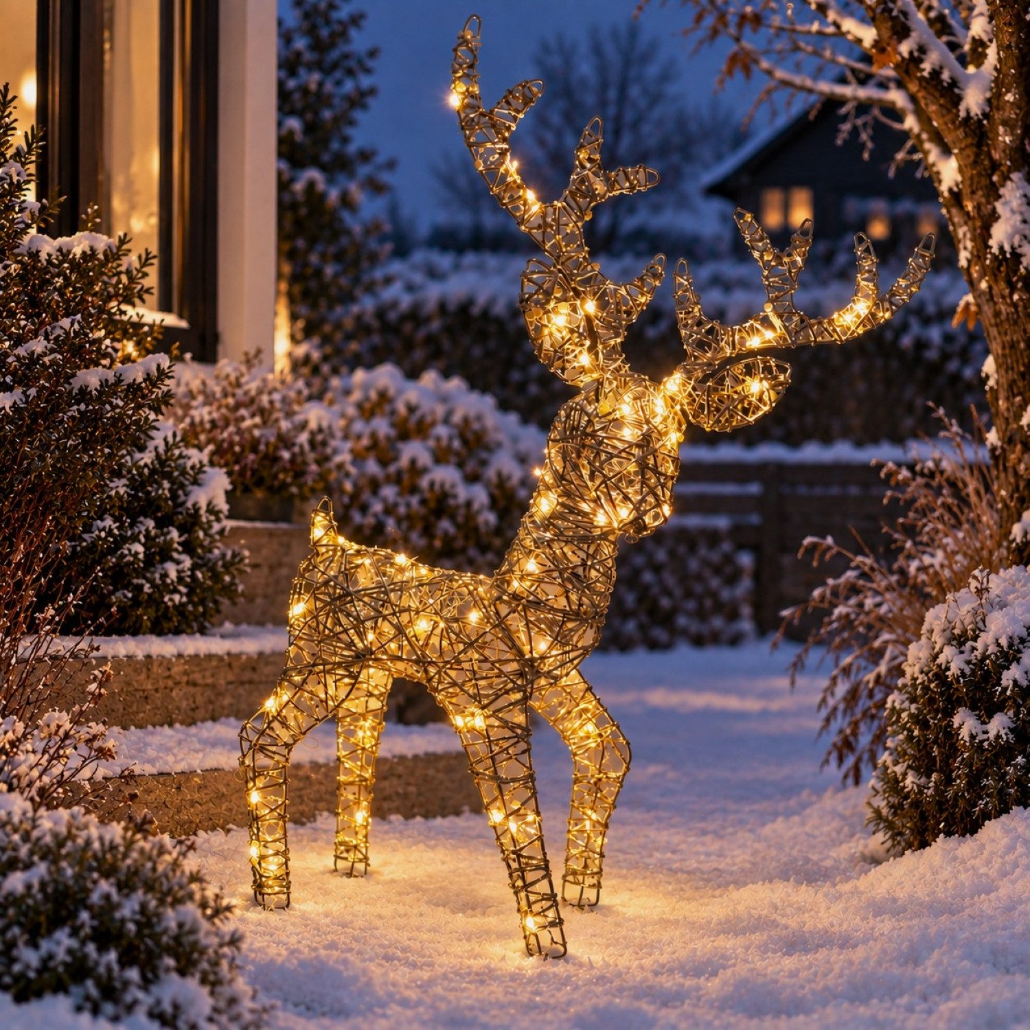 Online-Fuchs LED-Dekofigur großer silberner Hirsch mit LED-Beleuchtung & Timer - Weihnachtsdeko (Dauerleuchten oder Funkeleffekt wählbar, 55 warmweiße LEDs), festlicher Lichterglanz für den Außenbereich - outdoor geeignet