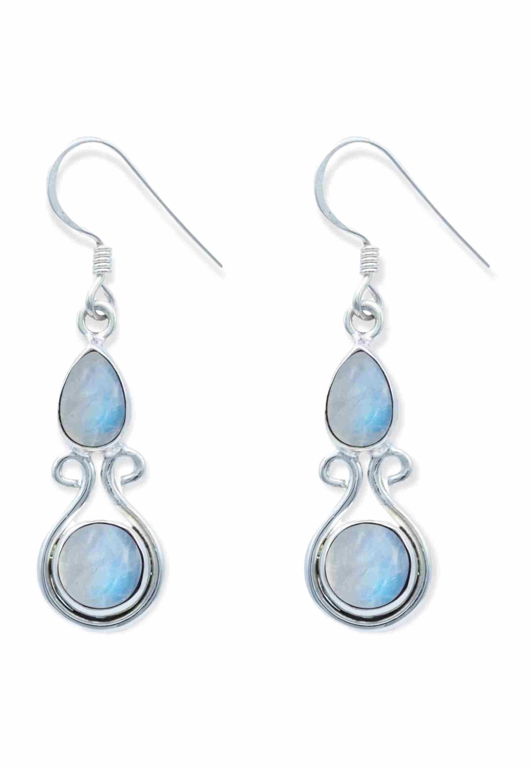 mantraroma Paar Ohrhänger DEVA aus 925 Silber mit Regenbogen Mondstein (Paar, Paar Ohrringe mit Schmuckbeutel), 925 Sterling Silber Ohrringe für Damen