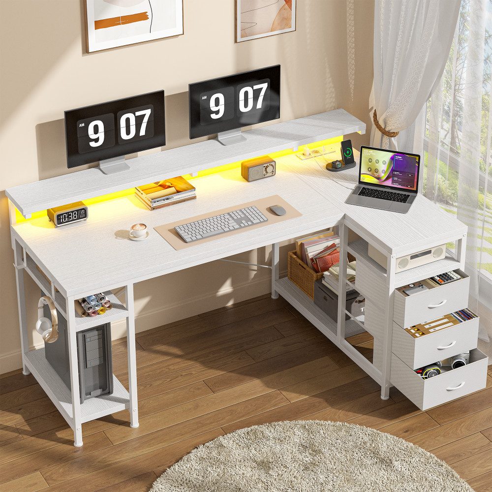 Klyvvo Schreibtisch mit 3 Schubladen, Gaming Schreibtisch L Form mit LED (1-St), mit Stauraum für Homeoffice und Gaming, Weiß