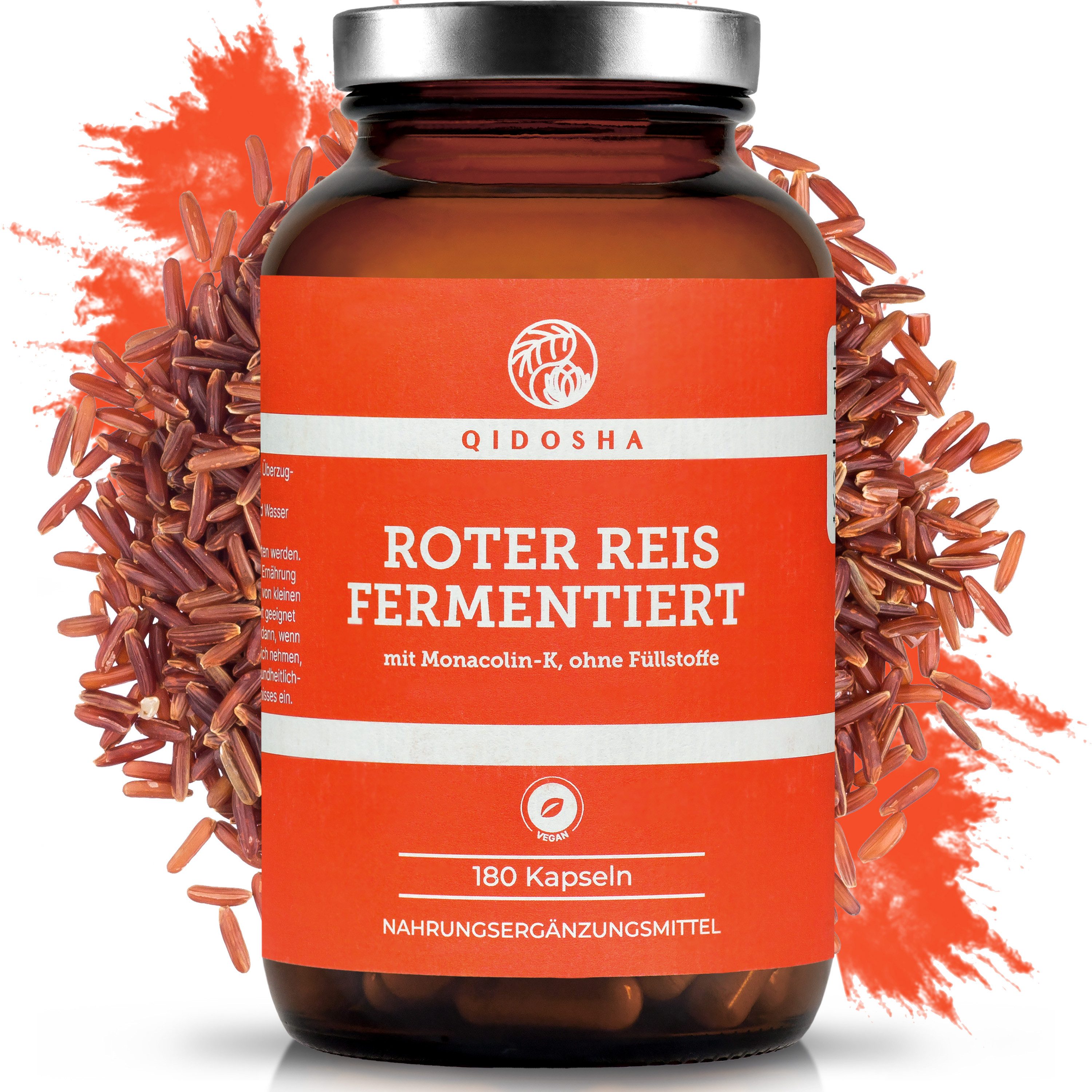 QIDOSHA Roter Reis Kapseln 600 mg - Monacolin K Vegan für Cholesterin Balance Hartkapsel, 1 er 6-Monatsvorrat Roter Reis Kapseln - Hochdosiert & Laborgeprüft à 180 St., 130 g, Fermentierter Rotschimmelreis - Herzgesundheit & Cholesterin Support